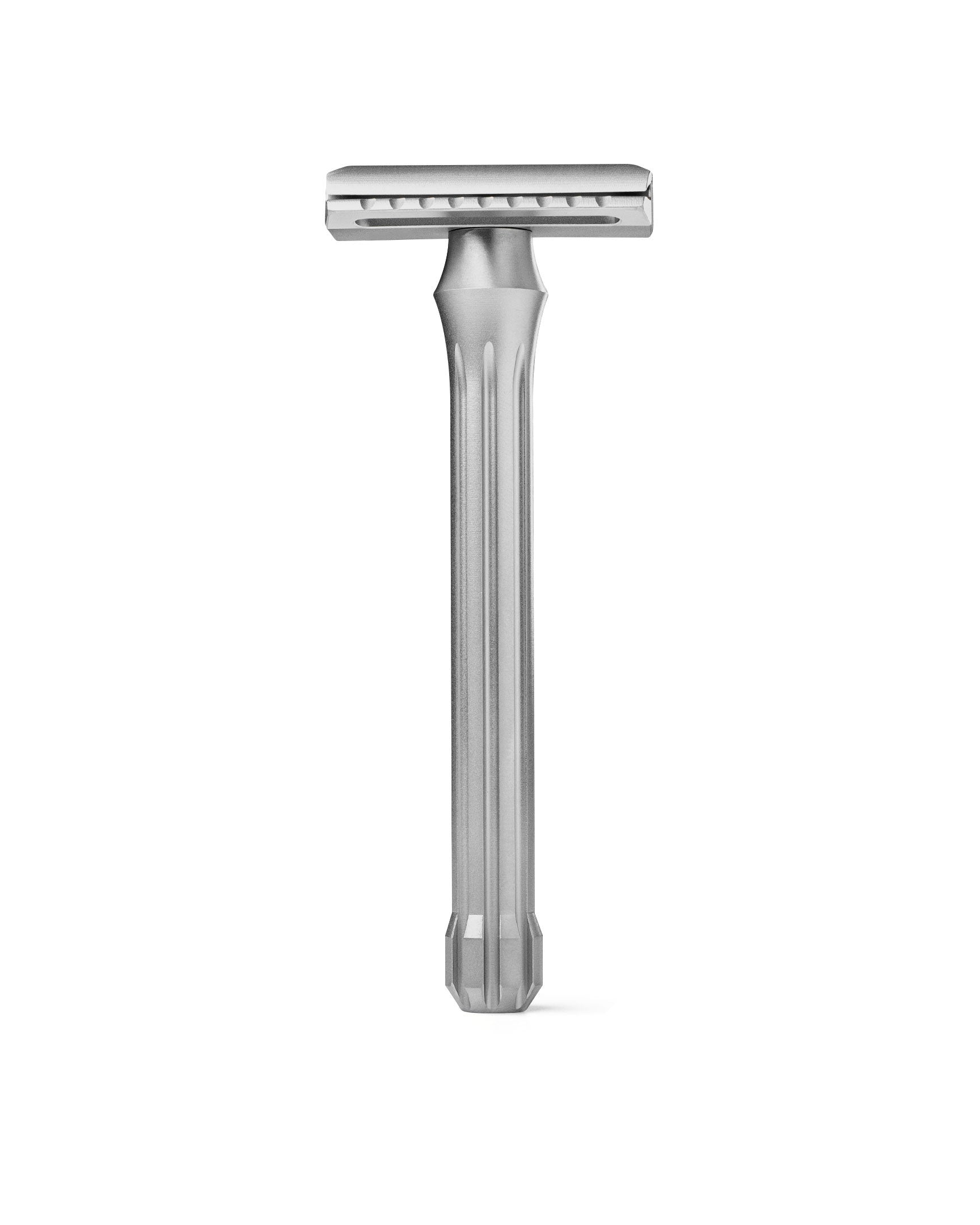 Blackbird double-edge safety razor in matte stainless steel with fluted handle and closed-comb head