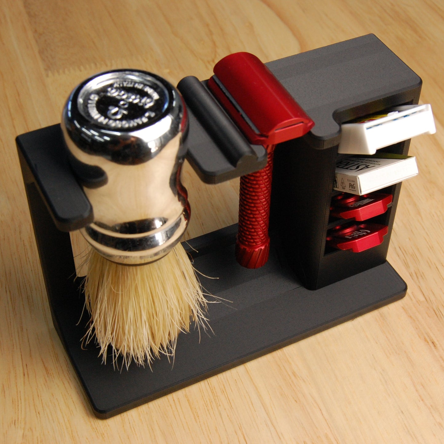 Shaving brush and stand on a wooden surface
