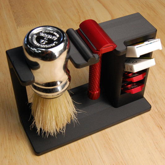 Shaving brush and stand on a wooden surface