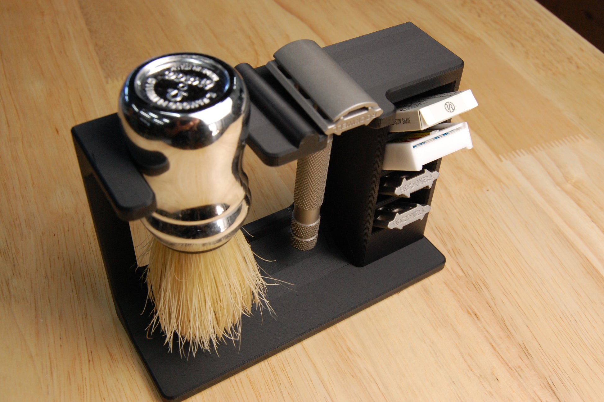 Shaving brush and stand on a wooden surface