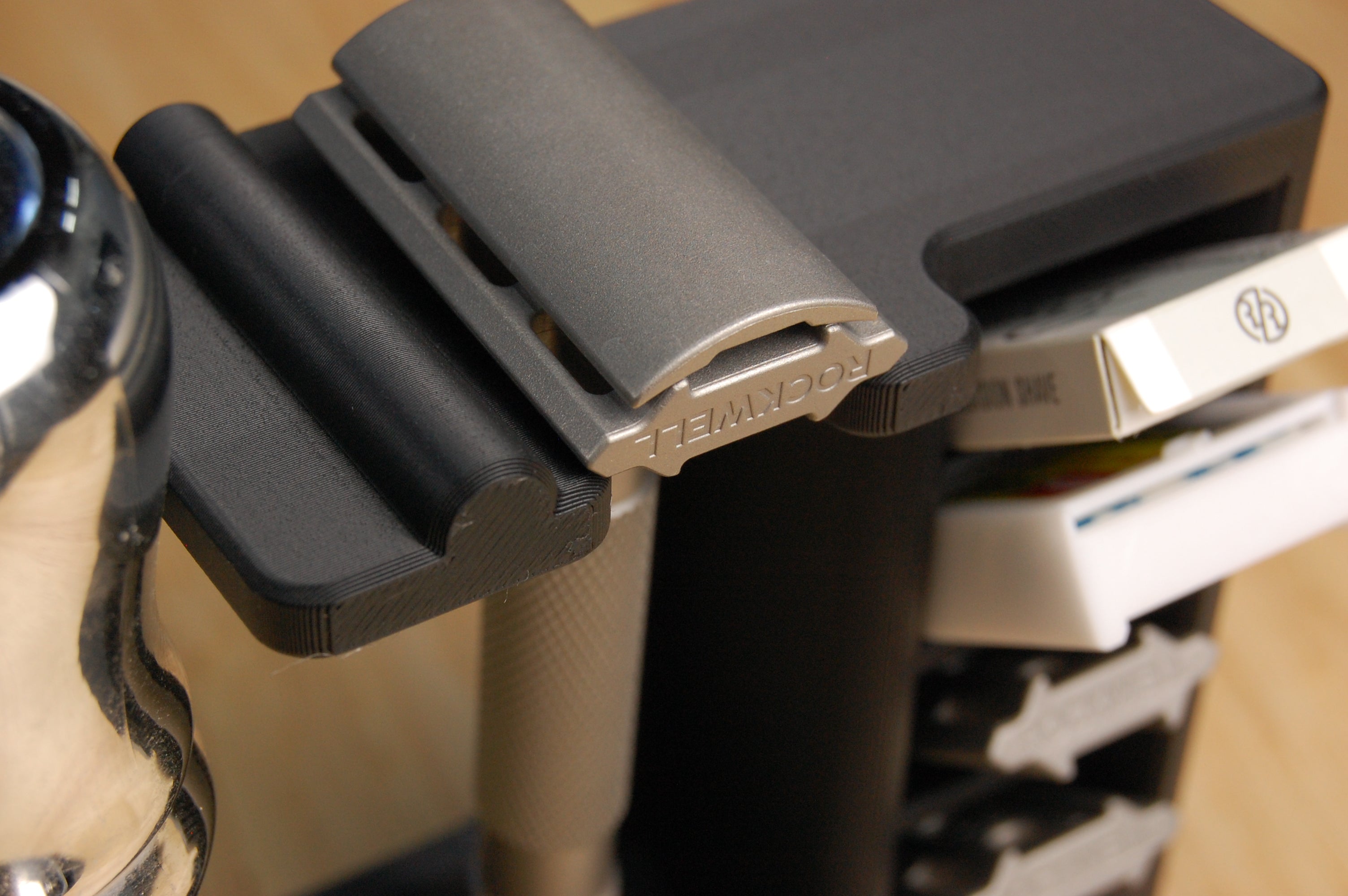 Closeup of a Rockwell 6S in the razor organizer