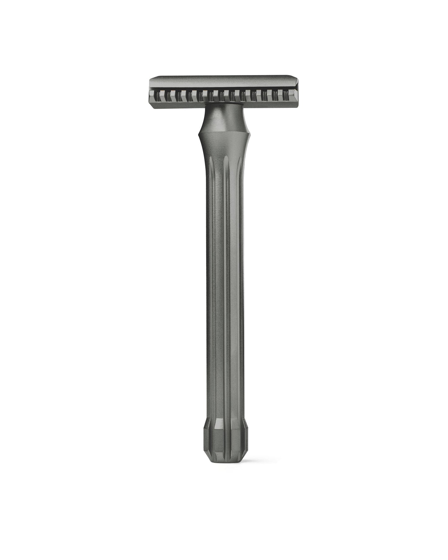 Blackbird Titanium double-edge safety razor with dark gray matte finish, fluted handle, and open-comb head