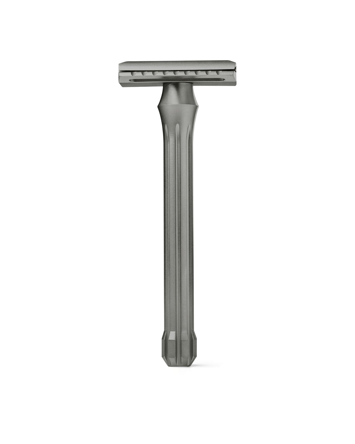Blackbird Titanium double-edge safety razor with fluted handle and matte gray finish, front view