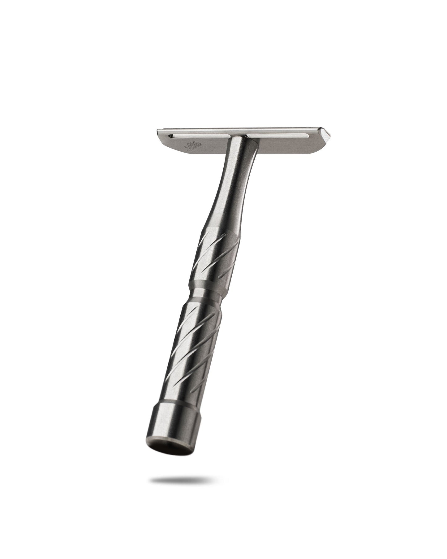Stainless steel double-edge safety razor with diagonal-cut textured handle and T-shaped head, brushed metal finish