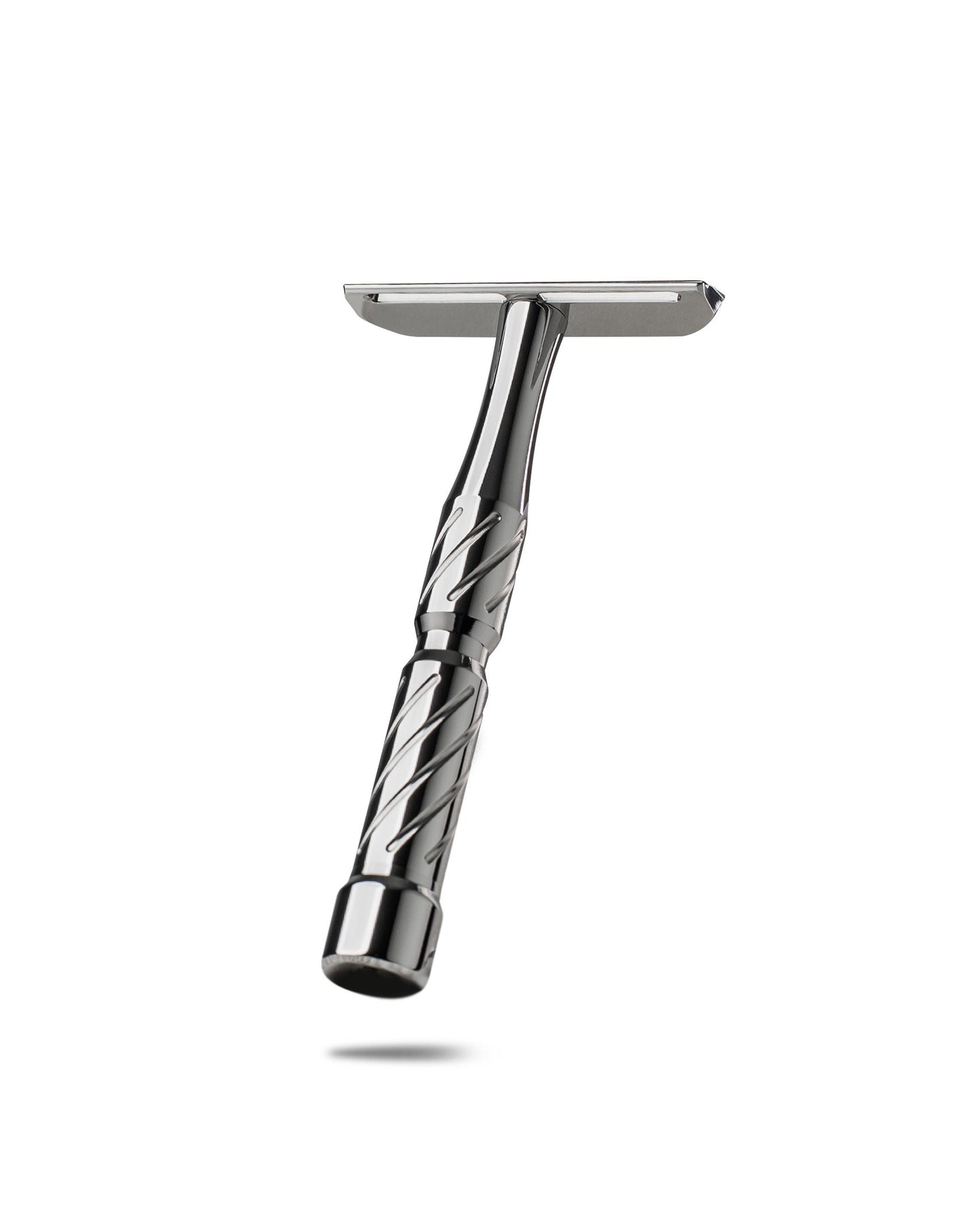 Dark polished titanium double-edge safety razor with spiral-grooved handle, angled view on white background