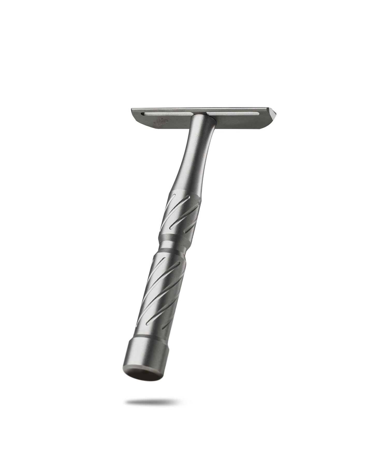 Silver metal double-edge safety razor with diagonal-grooved handle and flat T-shaped head, Vector by JRM Shaving Company