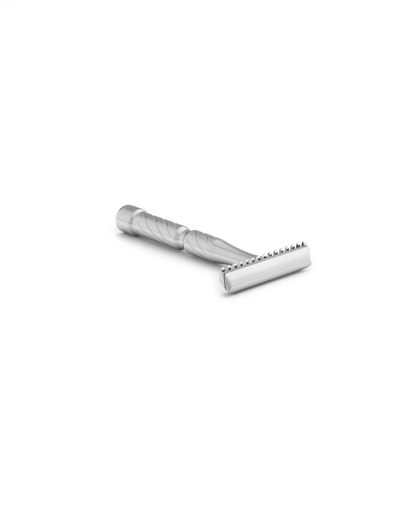 Silver metal double-edge safety razor with spiral-textured handle, open comb head design