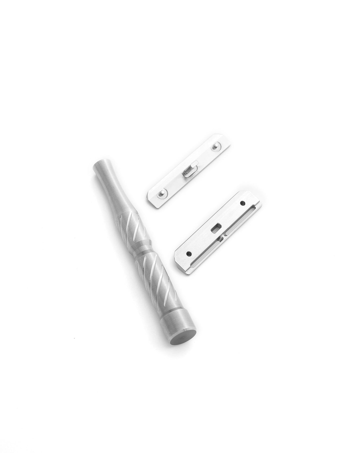 Disassembled stainless steel Vector safety razor showing spiral-textured handle and two base plates on white background