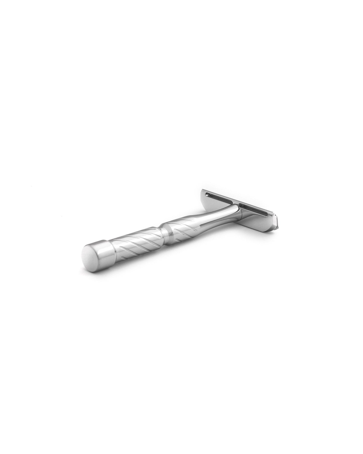 Stainless steel double-edge safety razor with spiral-textured handle, polished chrome finish, angled on white background