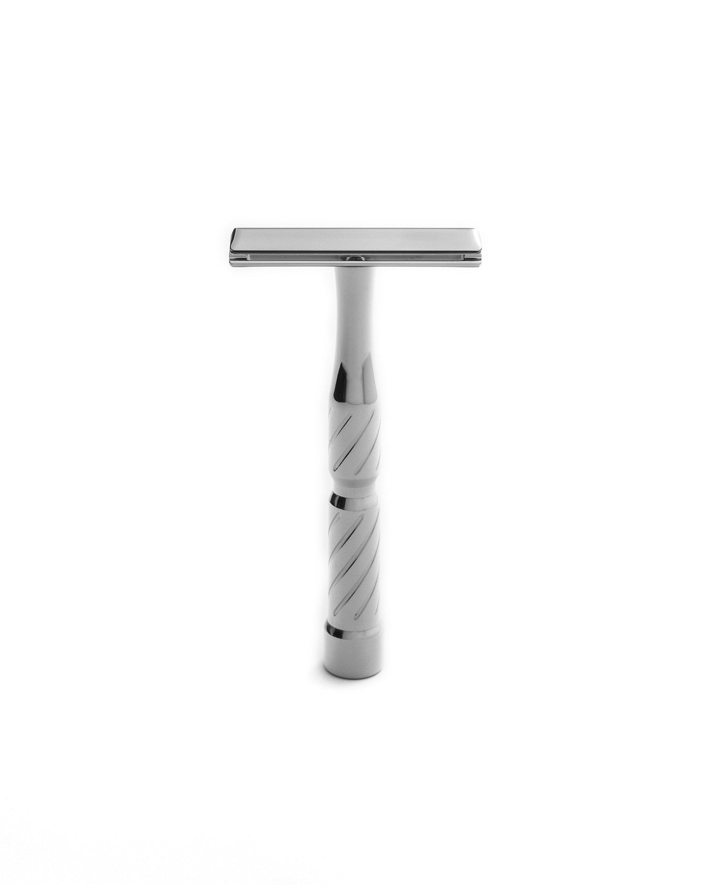 Silver stainless steel double-edge safety razor with twisted spiral-patterned handle, Vector model by JRM Shaving Company