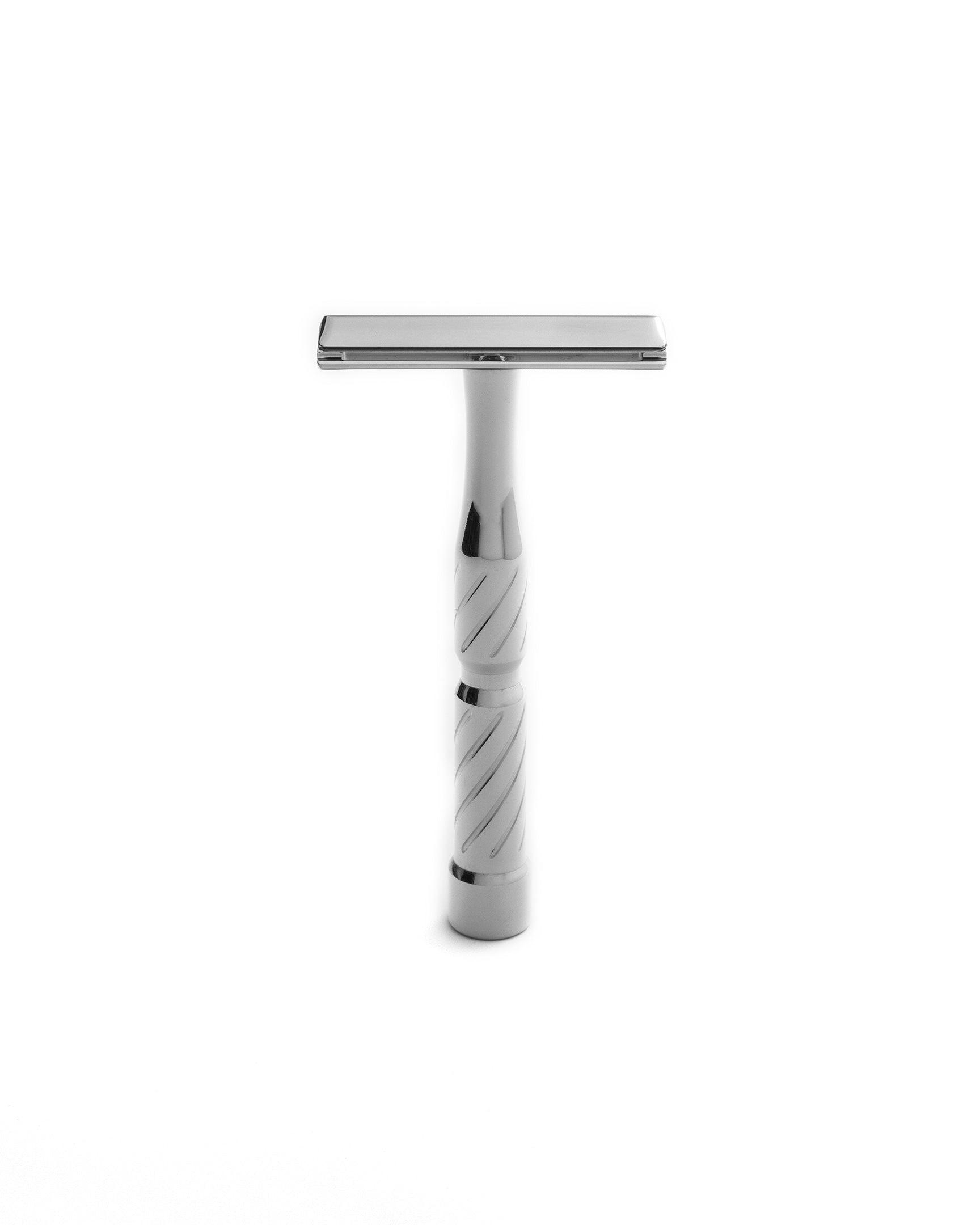 Silver stainless steel double-edge safety razor with twisted spiral-patterned handle, Vector model by JRM Shaving Company