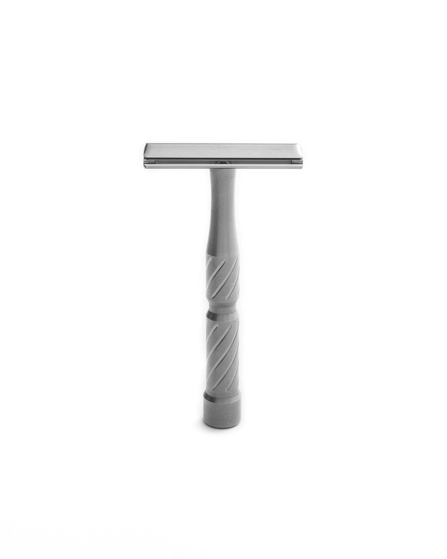 Silver metal double-edge safety razor with diagonal spiral-grooved handle and flat rectangular head