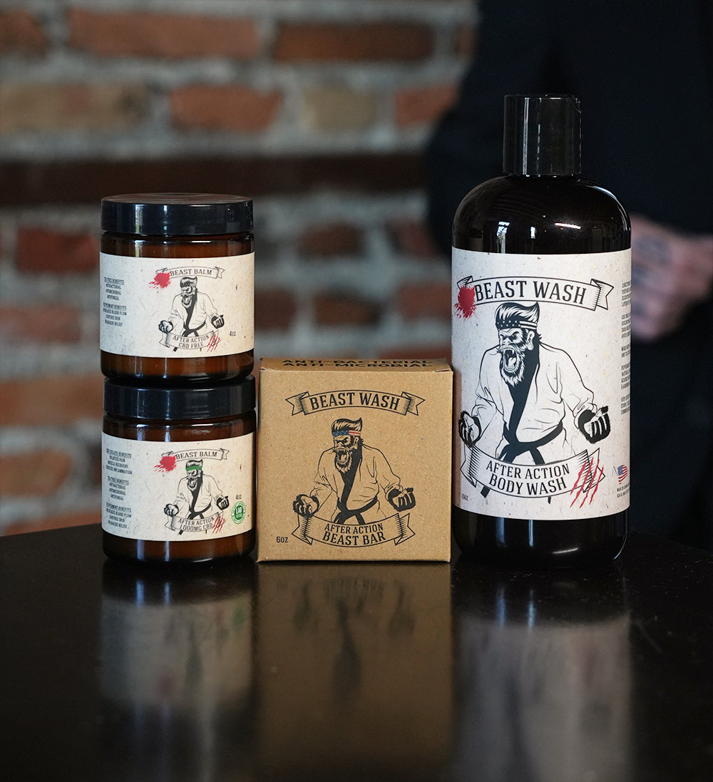 Beast Wash After Action Recovery Kit featuring two amber Beast Balm jars, a Beast Bar soap box, and a body wash bottle