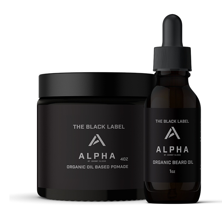 Alpha by Johnny Slicks Black Label Beard Bundle with 4oz organic pomade jar and 1oz organic beard oil dropper bottle