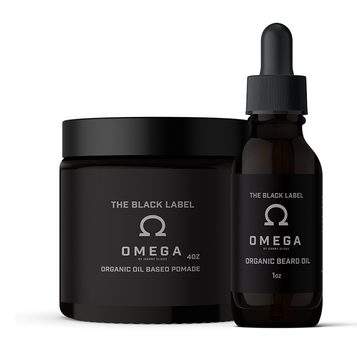 Omega by Johnny Slicks Black Label bundle: black 4oz jar of oil-based pomade and amber 1oz beard oil dropper bottle