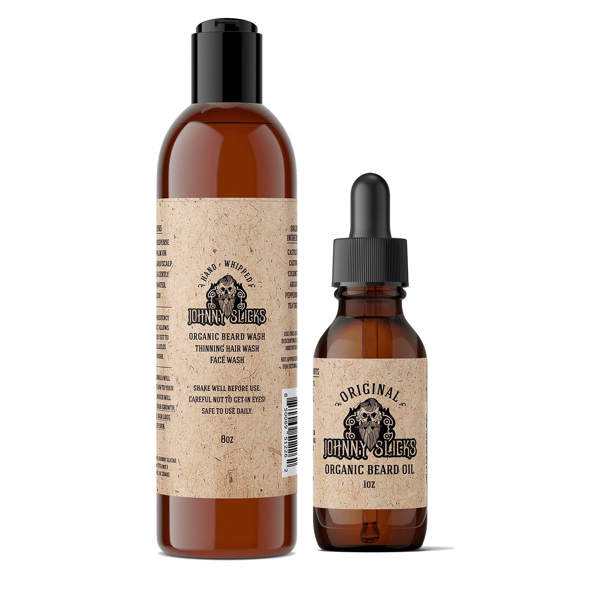 Johnny Slicks Beard Growth Kit with 8oz organic beard wash bottle and 1oz original organic beard oil dropper in amber bottles