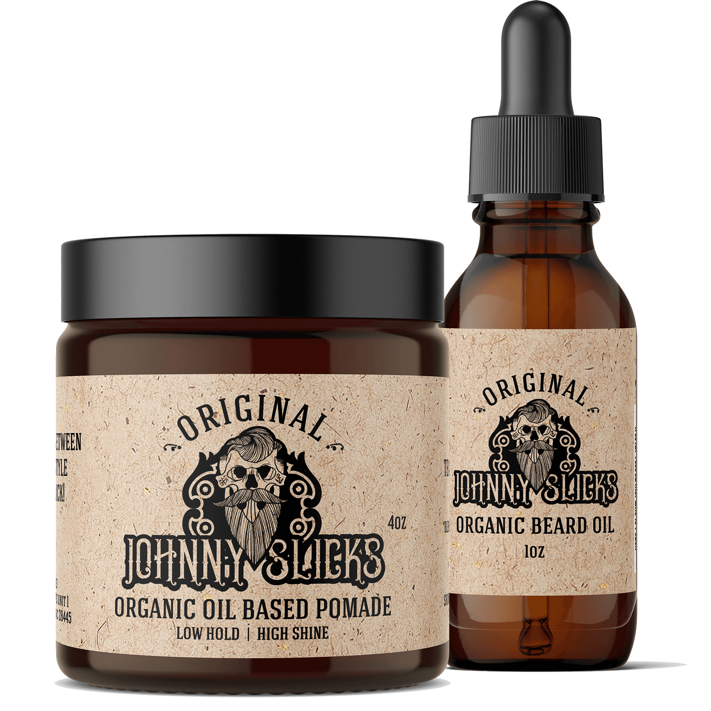 Johnny Slicks Original organic oil based pomade 4oz jar and organic beard oil 1oz dropper bottle in amber glass containers