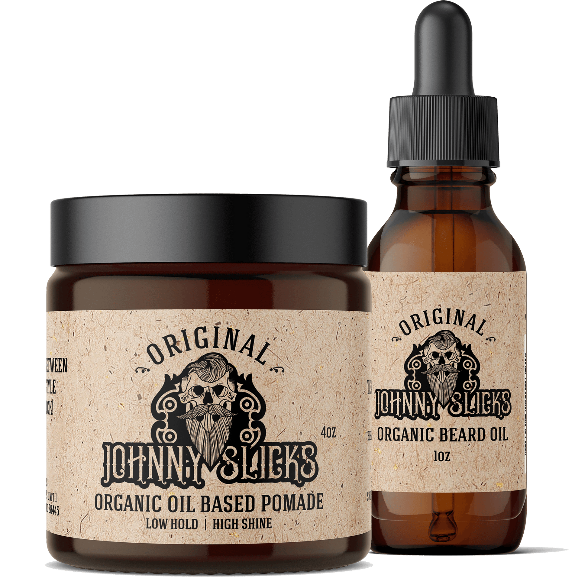 Johnny Slicks Original organic oil based pomade 4oz jar and organic beard oil 1oz dropper bottle in amber glass containers