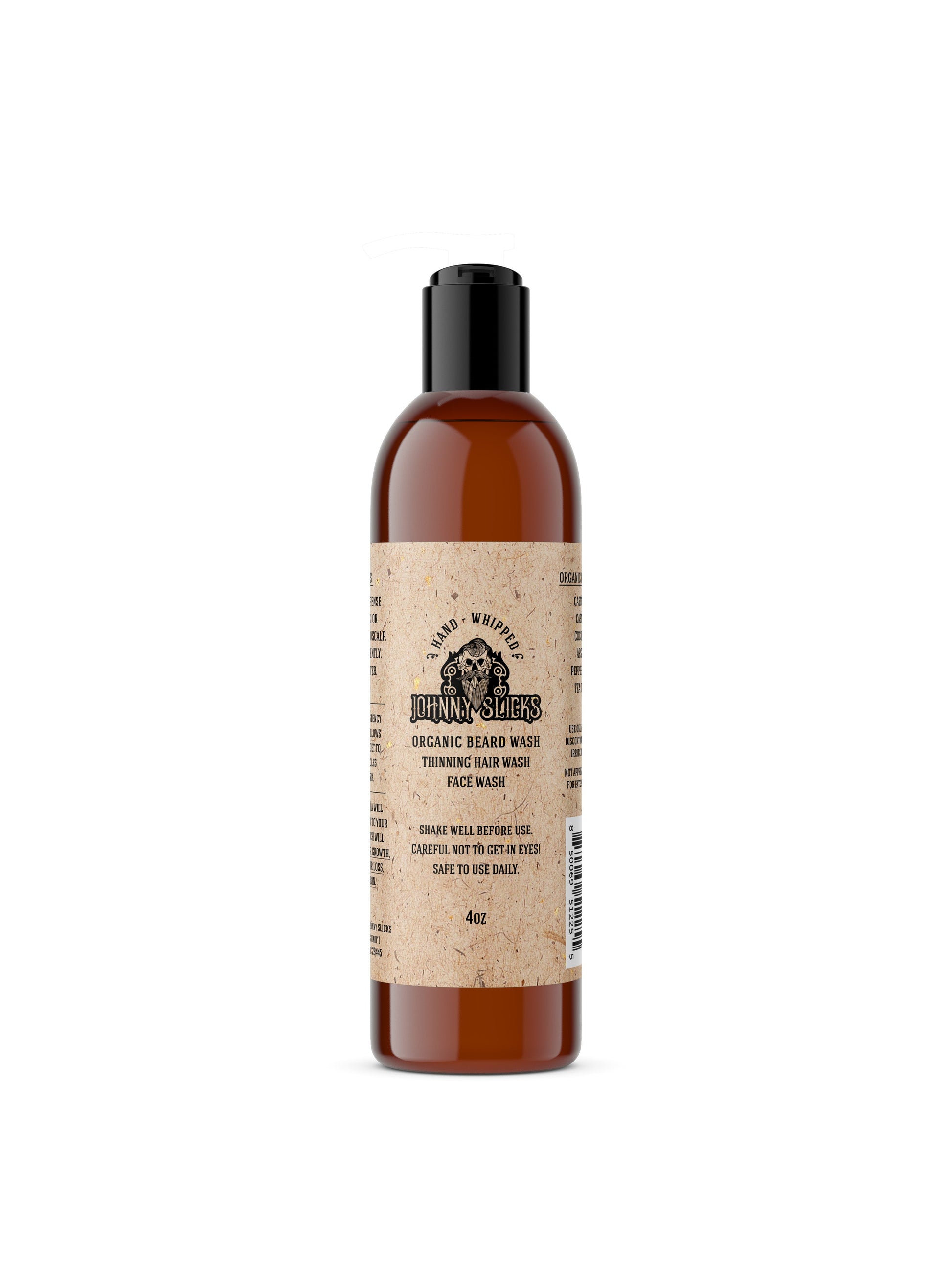 Johnny Slicks Hand Whipped Organic Beard, Thinning Hair, and Face Wash in 4oz amber bottle with black cap and kraft label