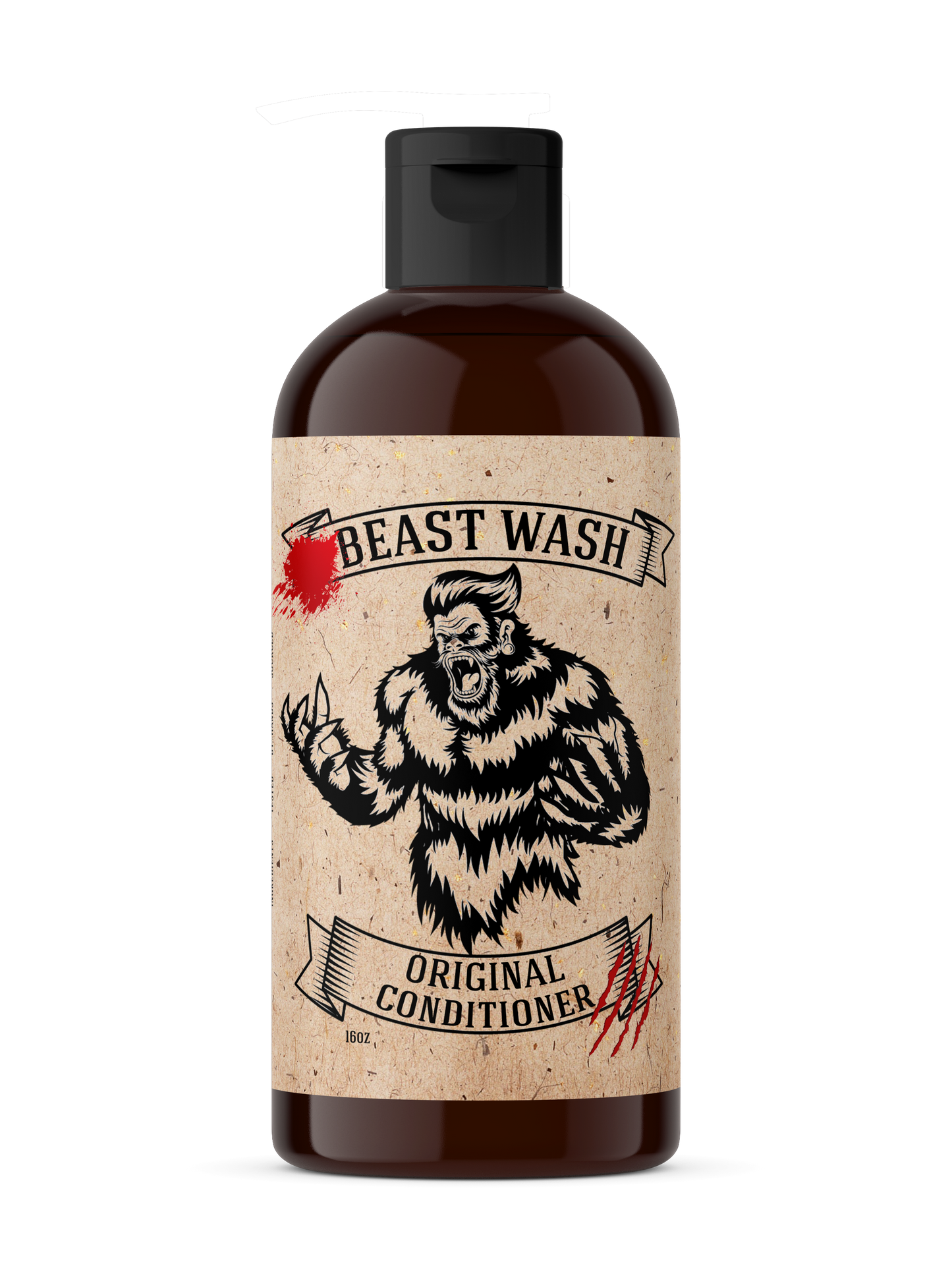 Beast Wash Original Conditioner 16oz brown bottle with black flip cap, Bigfoot illustration on kraft-style label