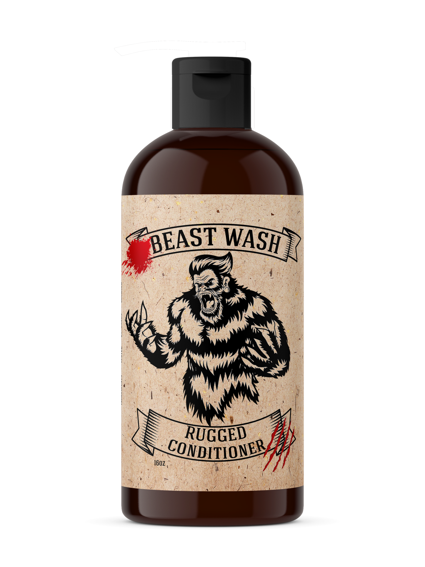 Beast Wash Rugged Conditioner 16oz in brown bottle with black pump cap, featuring Bigfoot illustration on kraft paper label