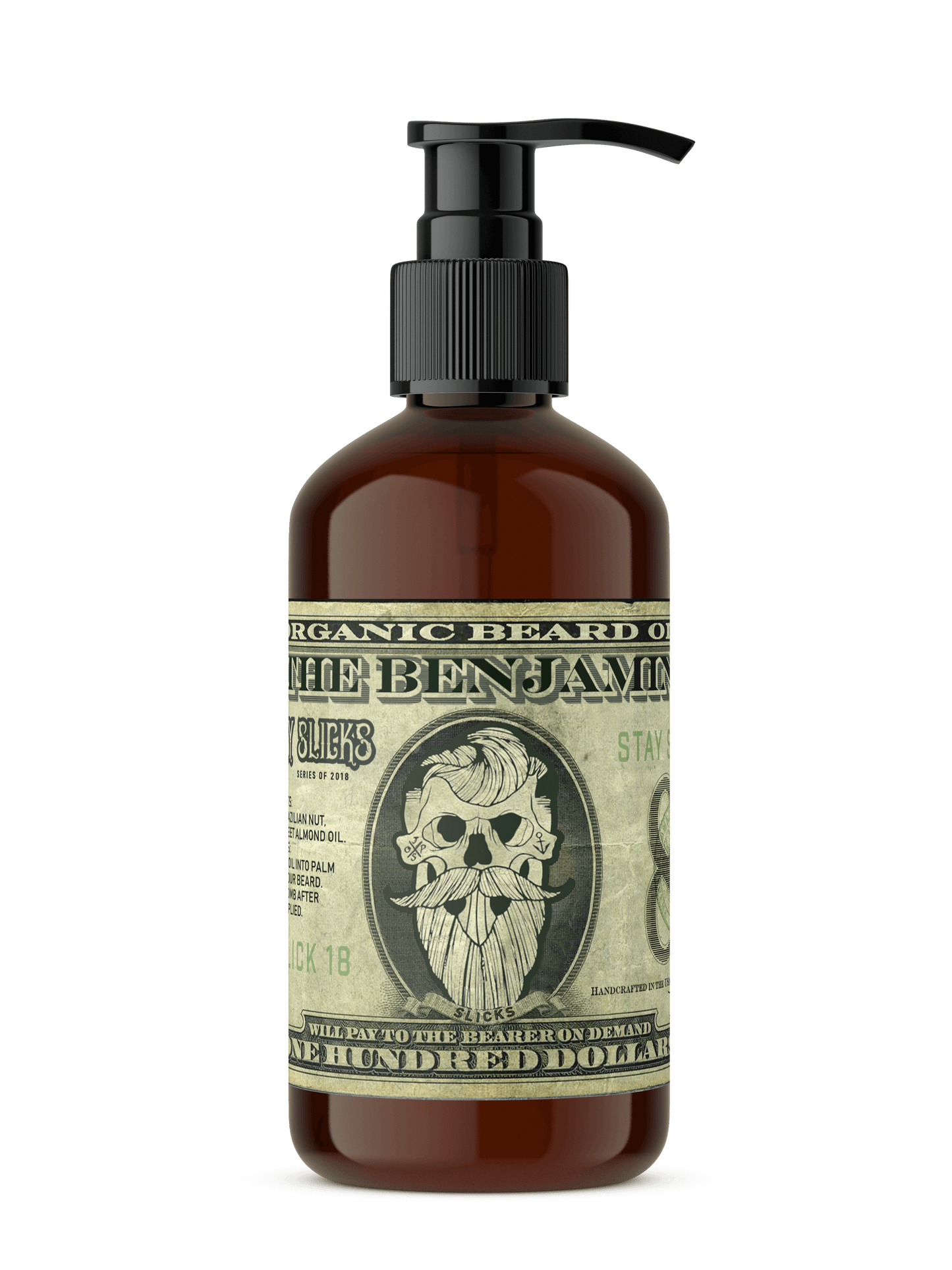 Slicks organic beard oil, The Benjamin, in amber pump bottle with green hundred dollar bill style label and bearded skull logo