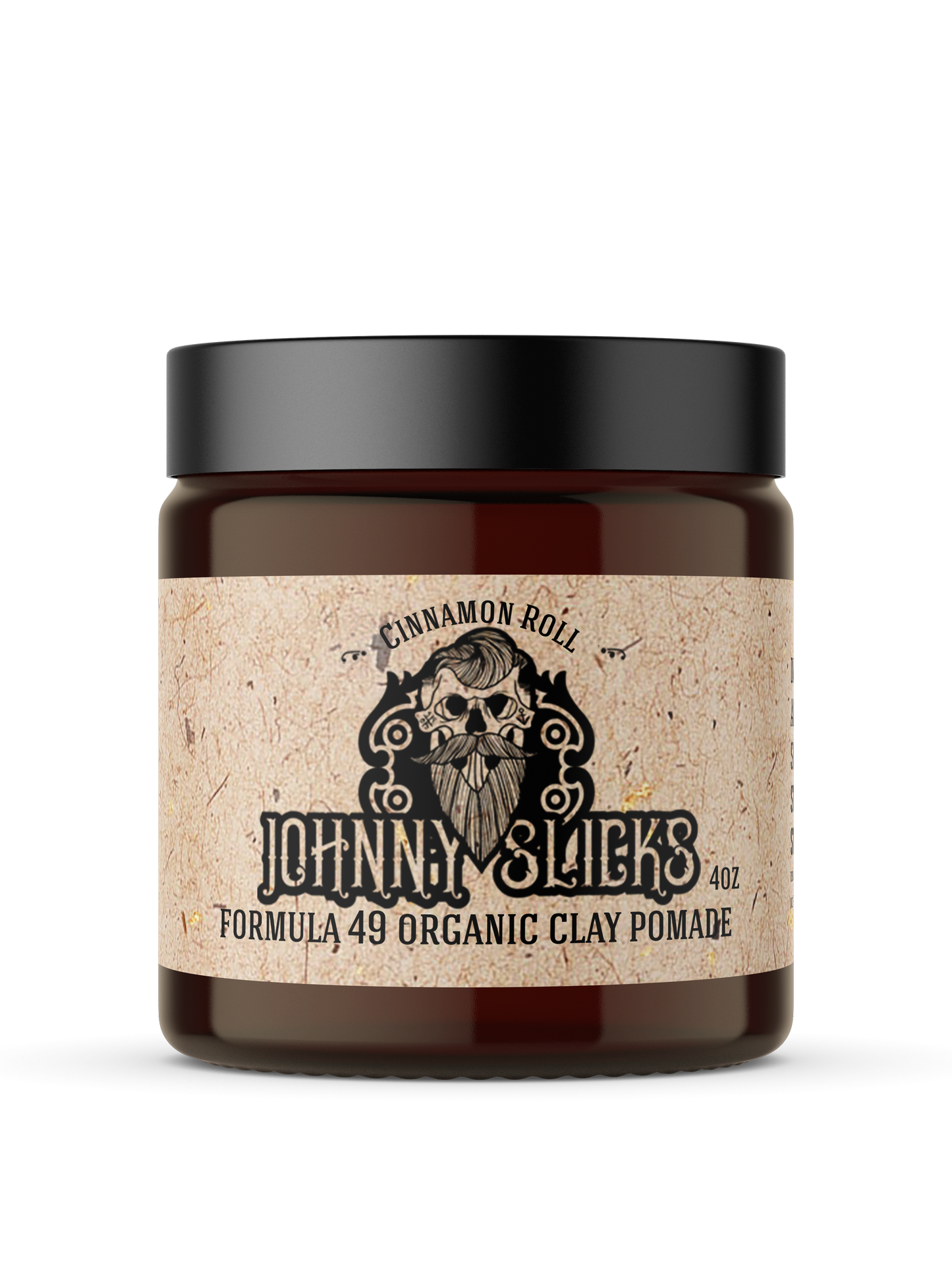 Johnny Slicks Cinnamon Roll Formula 49 Organic Clay Pomade 4oz in amber glass jar with black lid and beige label