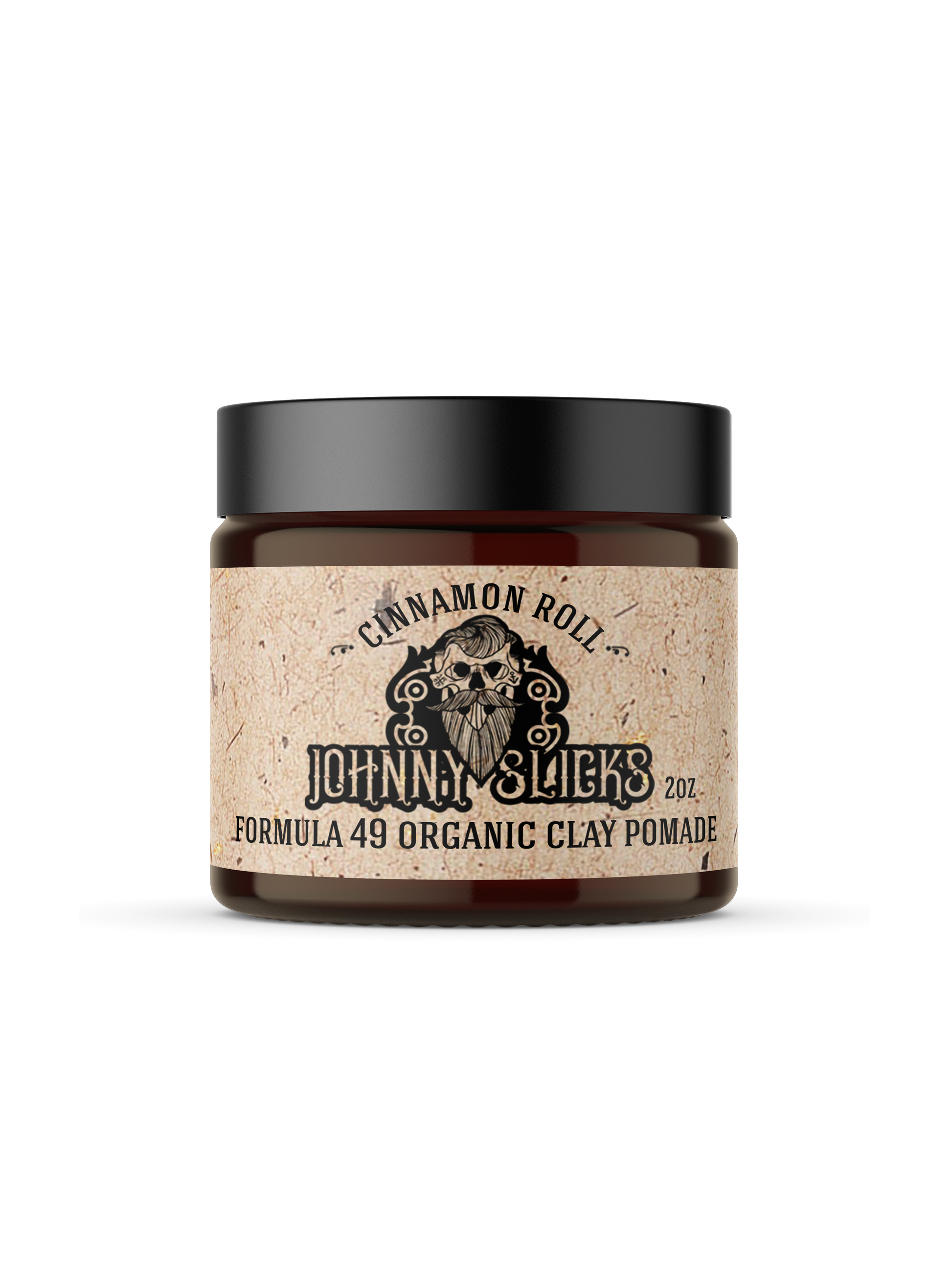 Johnny Slicks Cinnamon Roll Formula 49 Organic Clay Pomade 2oz in dark amber jar with black lid and beige label