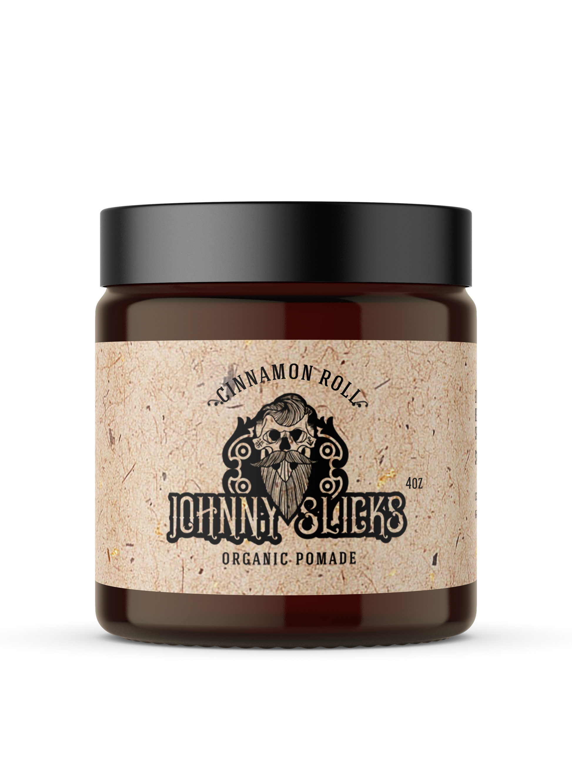 Johnny Slicks Cinnamon Roll Organic Pomade 4oz in amber glass jar with black lid and beige kraft-style label