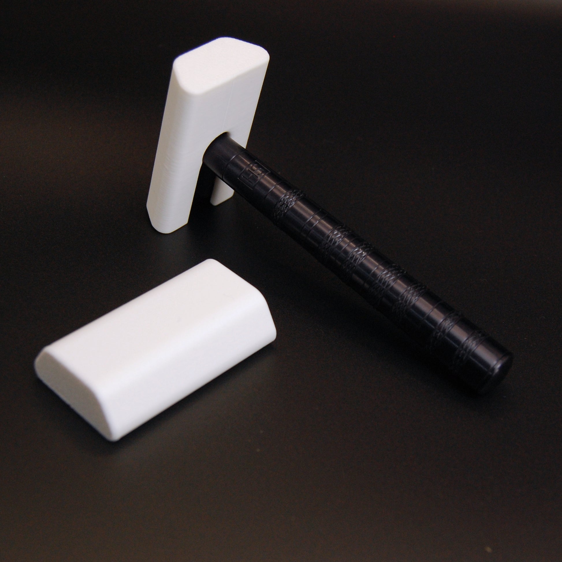 White snap-on travel covers for Henson AL13/Ti22 safety razor, 2 pack, shown with black razor handle