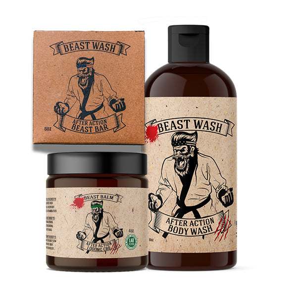 Beast Wash After Action Recovery Kit including body wash bottle, Beast Balm jar, and Beast Bar soap box with gorilla logo