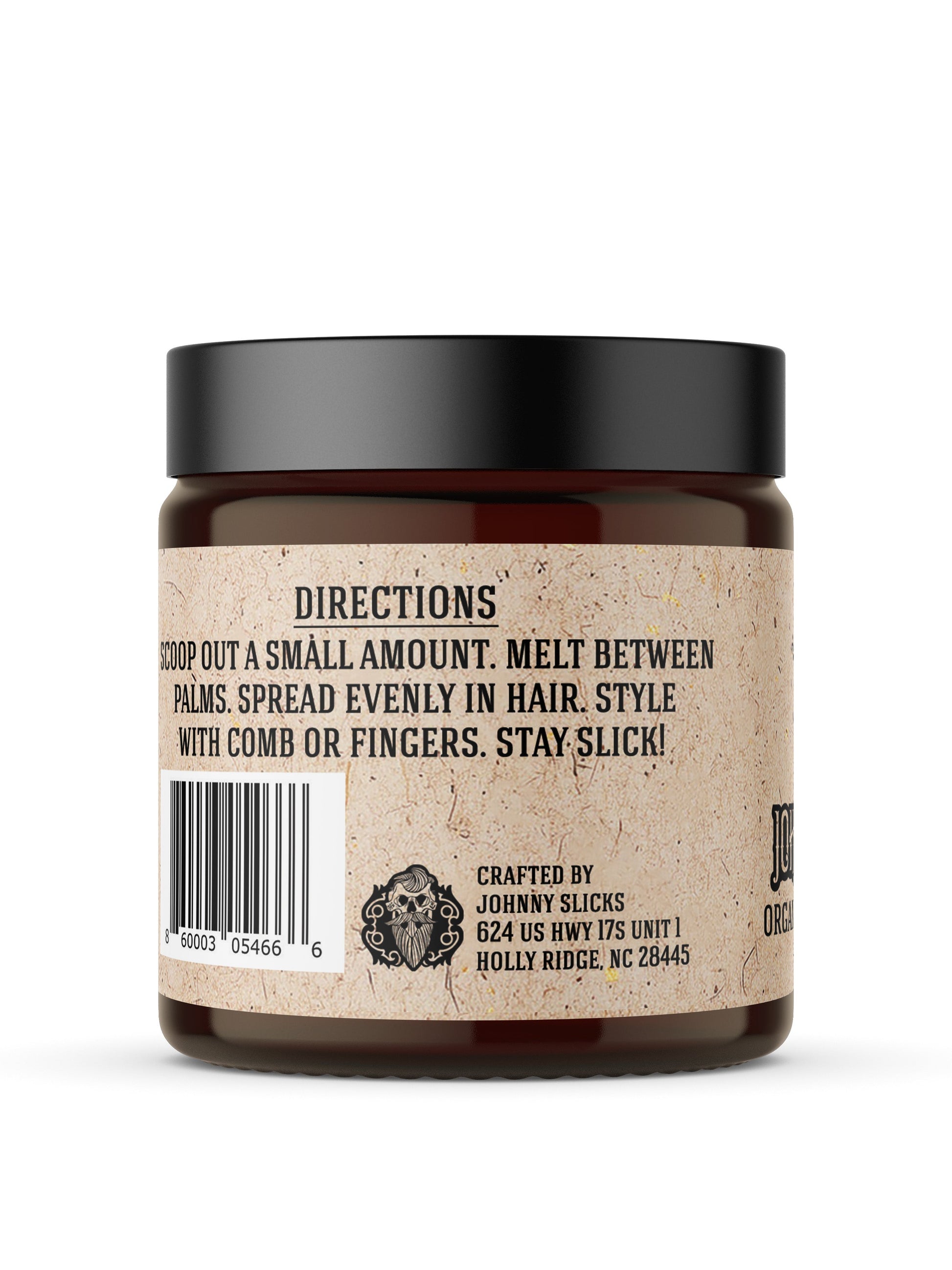 Johnny Slicks Organic Oil Based Pomade amber jar back with black lid showing directions, barcode, and Holly Ridge NC address