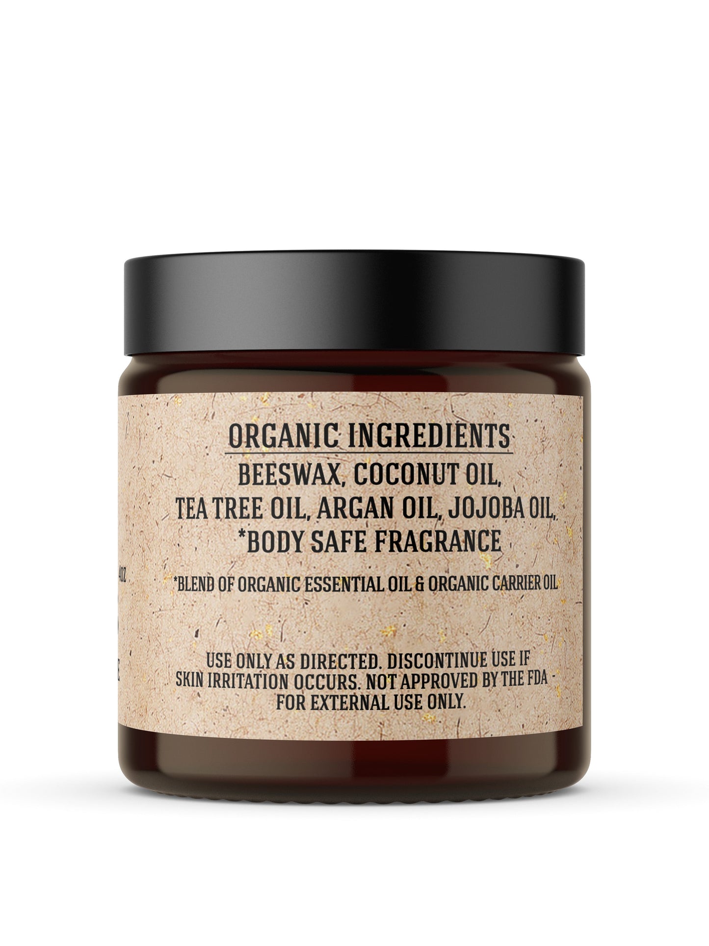 JRM Organic Oil Based Pomade in amber glass jar with black lid, label listing beeswax, coconut oil, tea tree oil, argan oil
