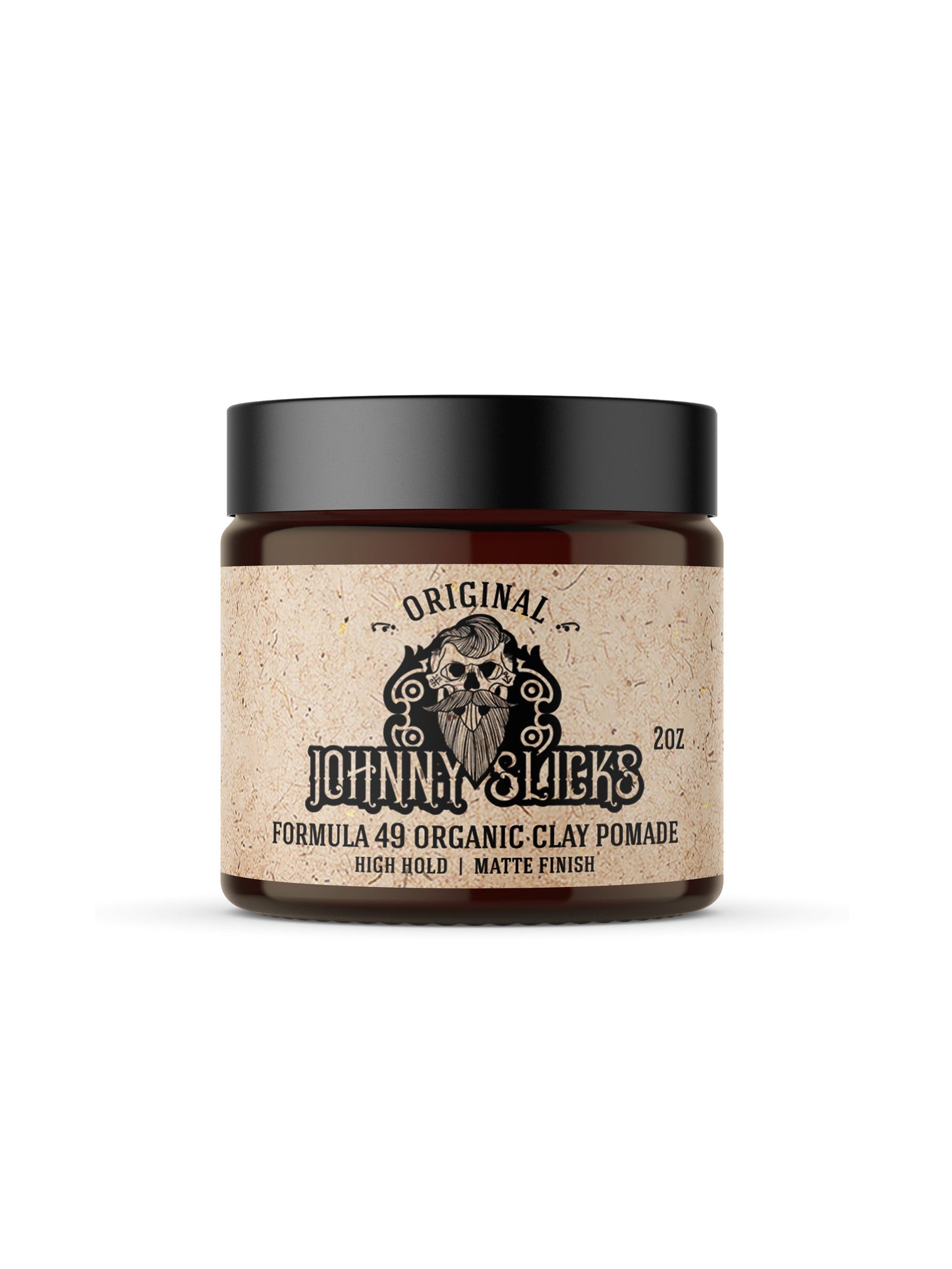 Johnny Slicks Original Formula 49 Organic Clay Pomade, high hold matte finish, 2oz brown glass jar with black lid