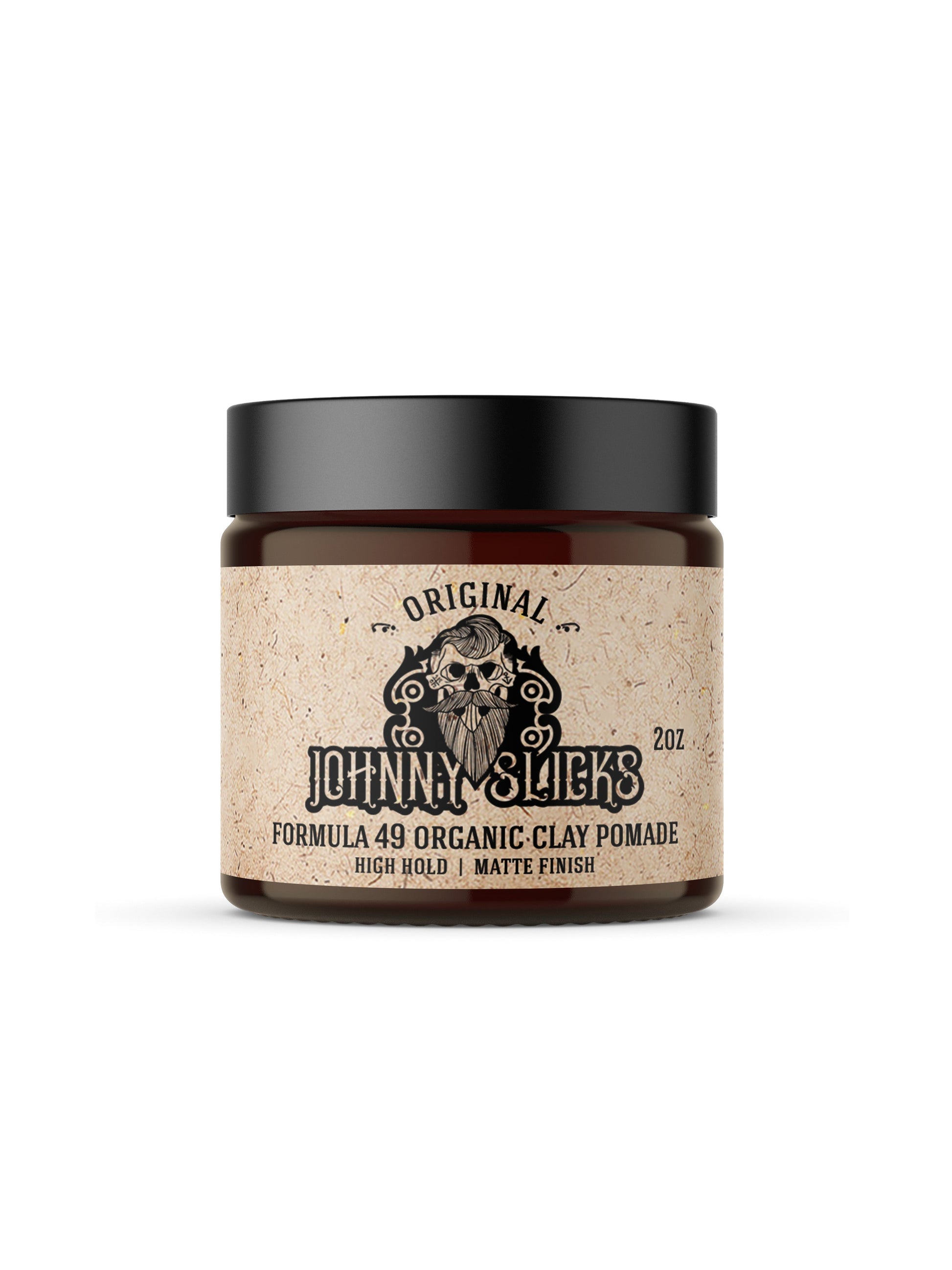 Johnny Slicks Original Formula 49 Organic Clay Pomade, high hold matte finish, 2oz brown glass jar with black lid
