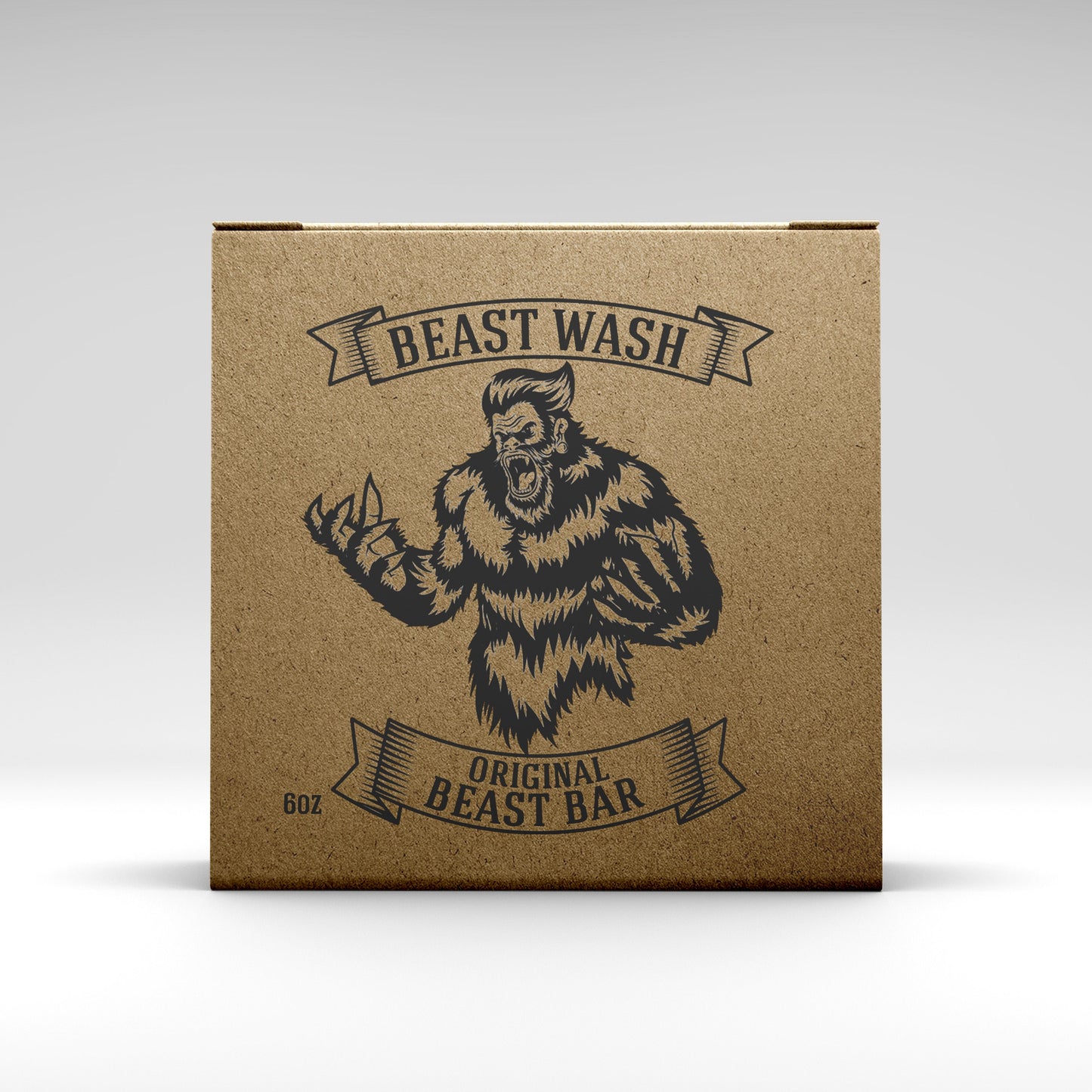 Brown kraft paper box with Bigfoot illustration, labeled Beast Wash Original Beast Bar, 6oz