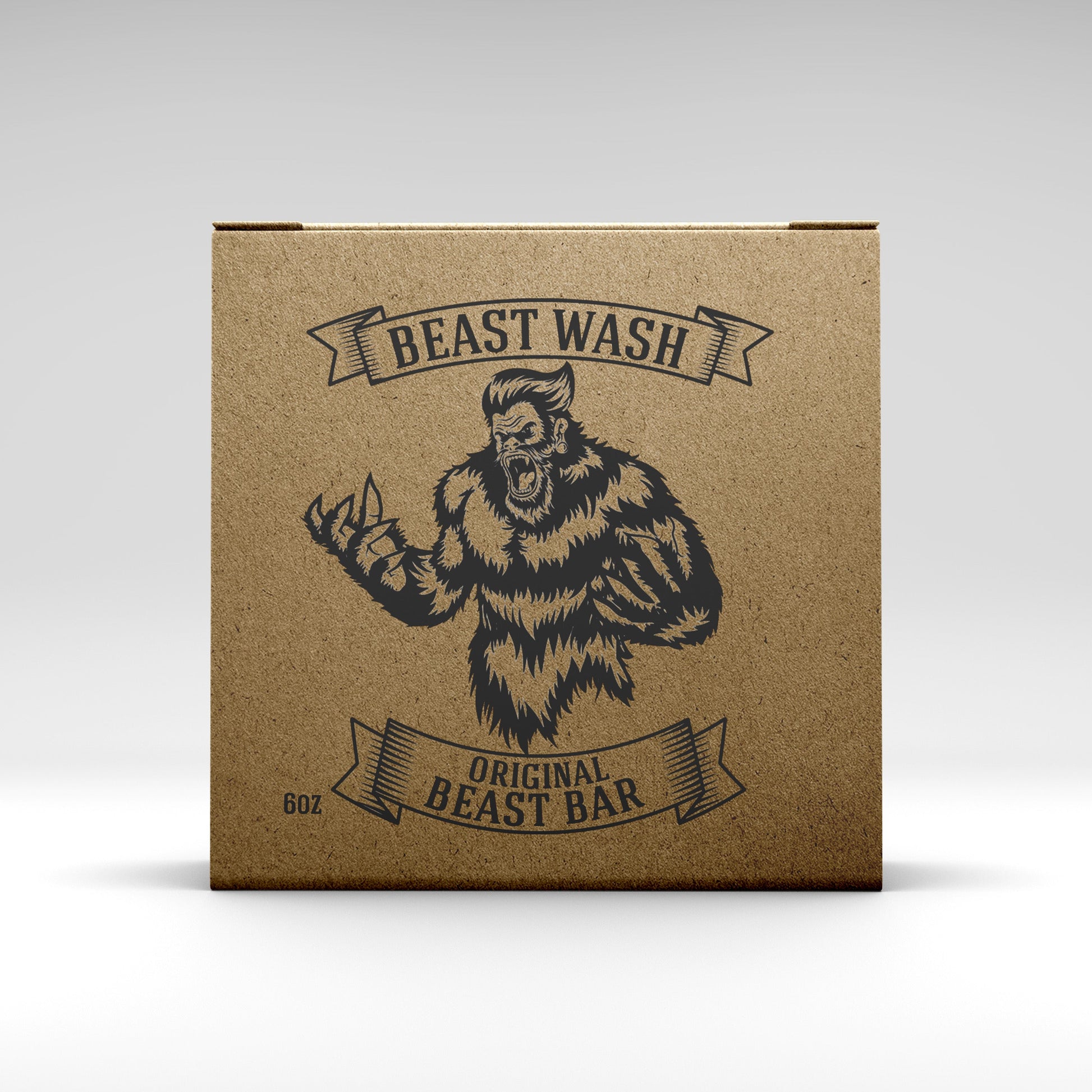 Brown kraft paper box with Bigfoot illustration, labeled Beast Wash Original Beast Bar, 6oz