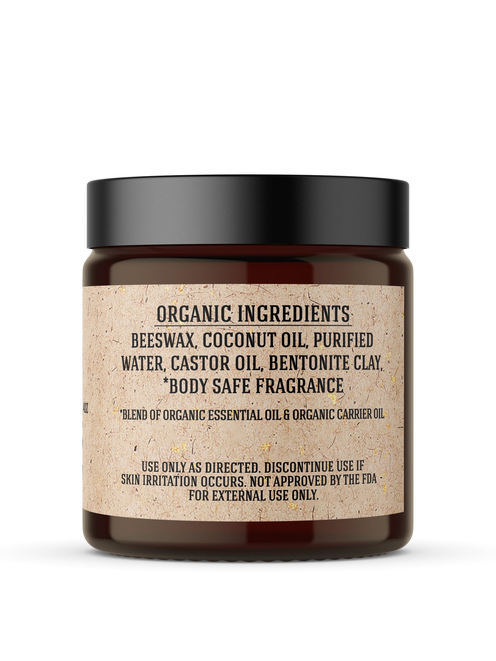 Amber glass jar with black lid labeled Organic Ingredients including beeswax, coconut oil, purified water, castor oil, bentonite clay
