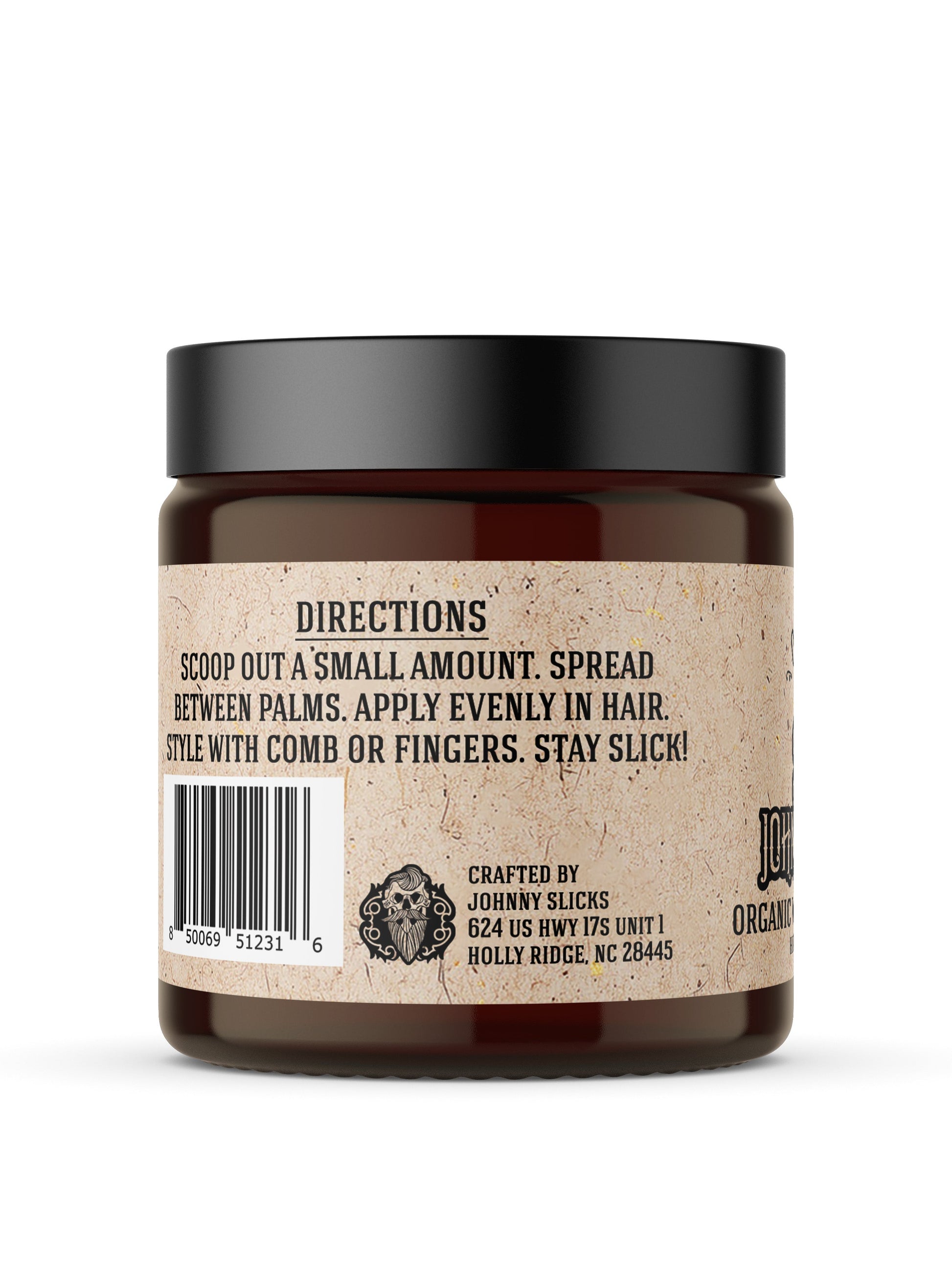 Johnny Slicks Organic Water Based Pomade amber jar back with black lid, showing directions, barcode, and Holly Ridge NC address