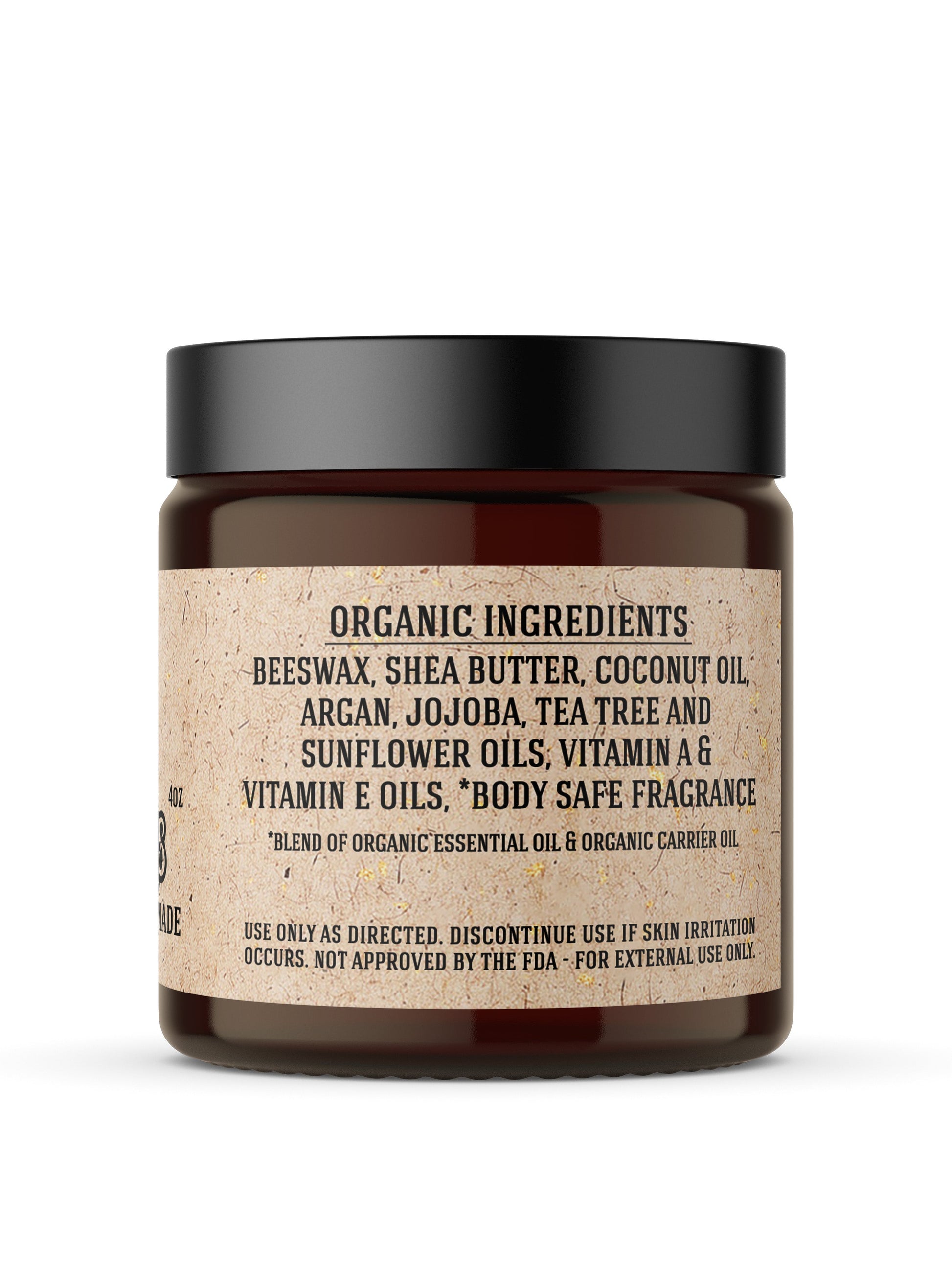 Organic 4oz amber jar with black lid listing beeswax, shea butter, coconut oil, argan, jojoba, tea tree, sunflower oils, vitamins A and E