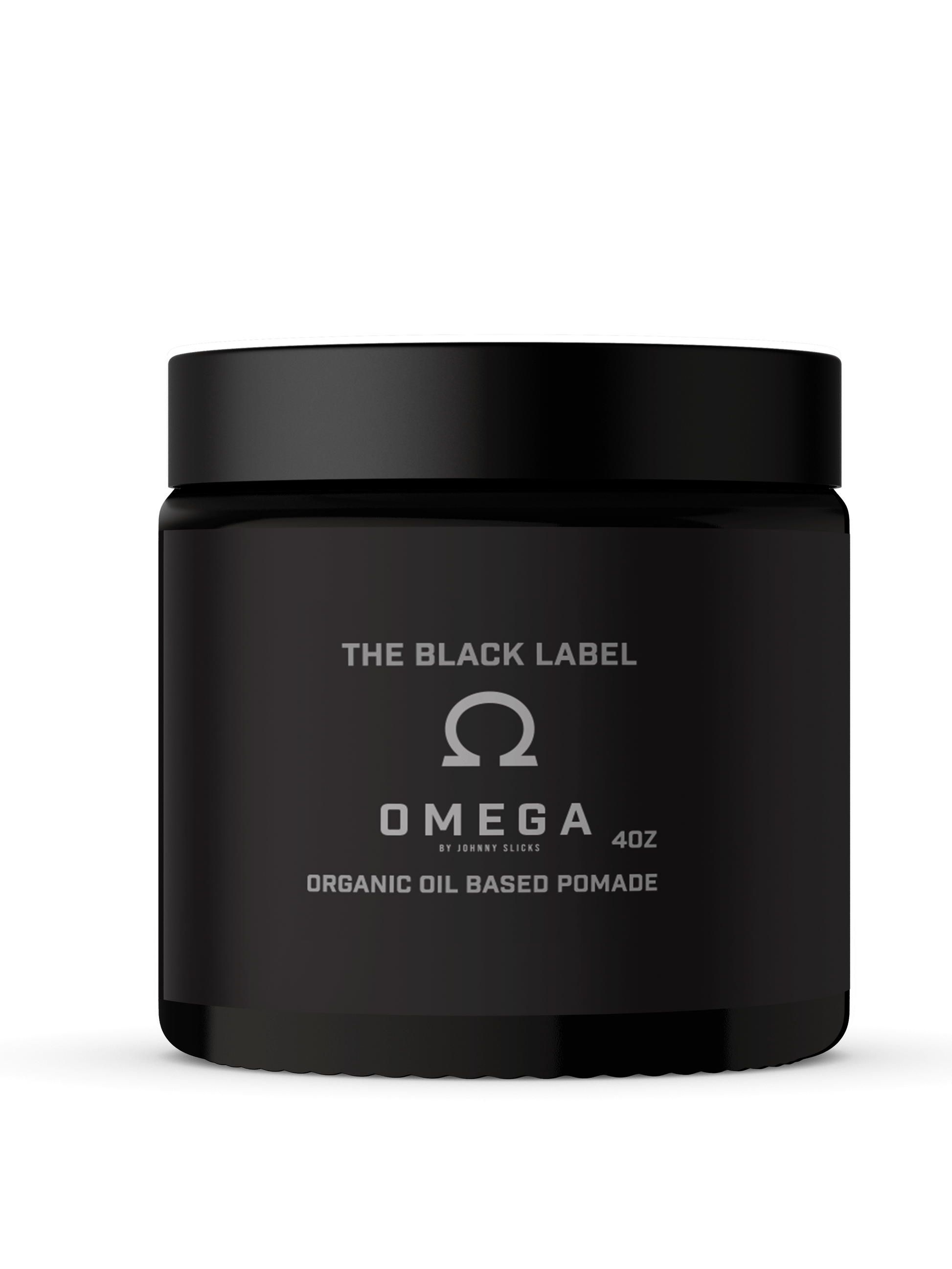 Black jar with black lid labeled The Black Label, Omega by Johnny Slicks, 4oz, Organic Oil Based Pomade, with omega symbol