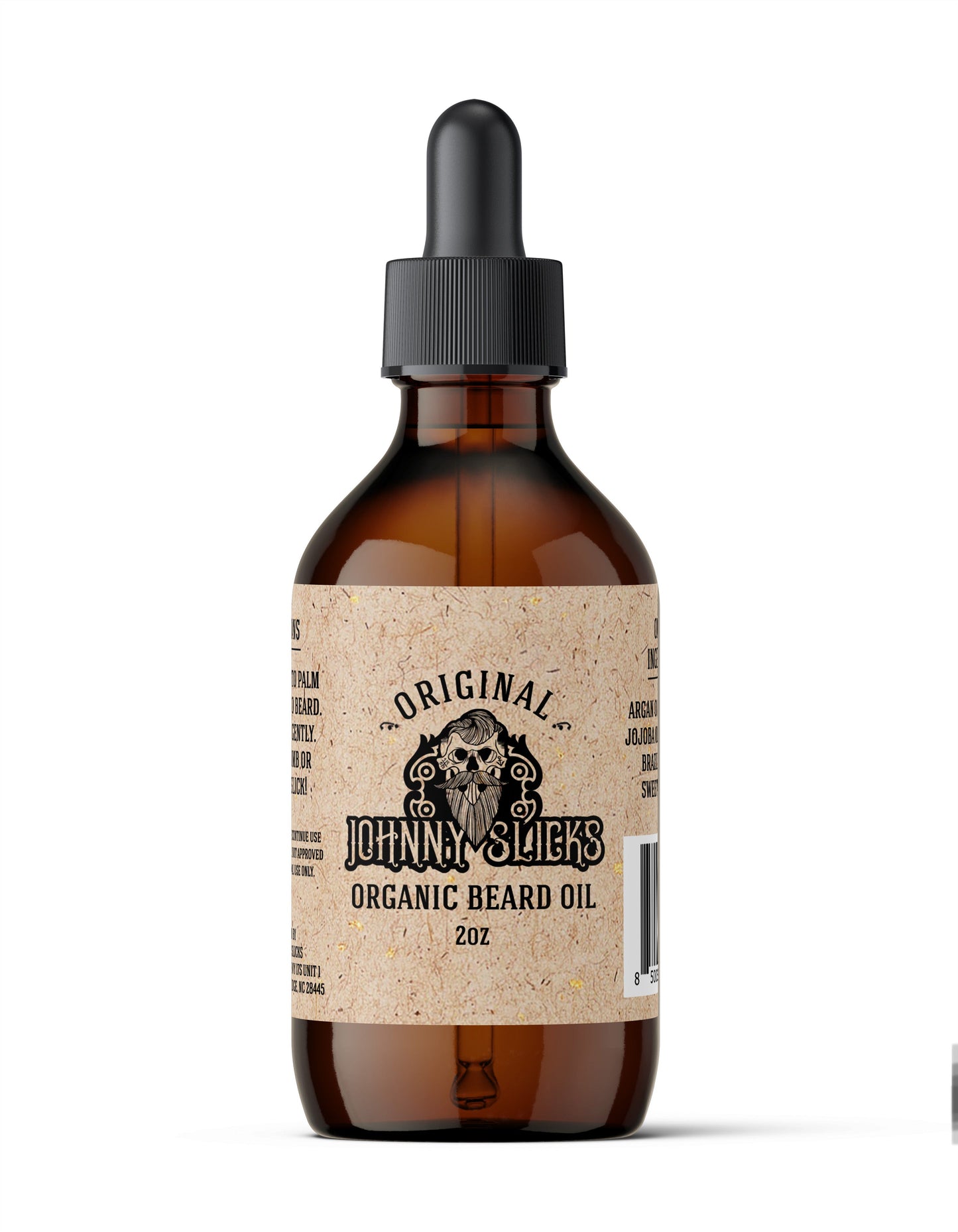 Johnny Slicks Original Organic Beard Oil 2oz in amber glass dropper bottle with kraft paper label and skull logo