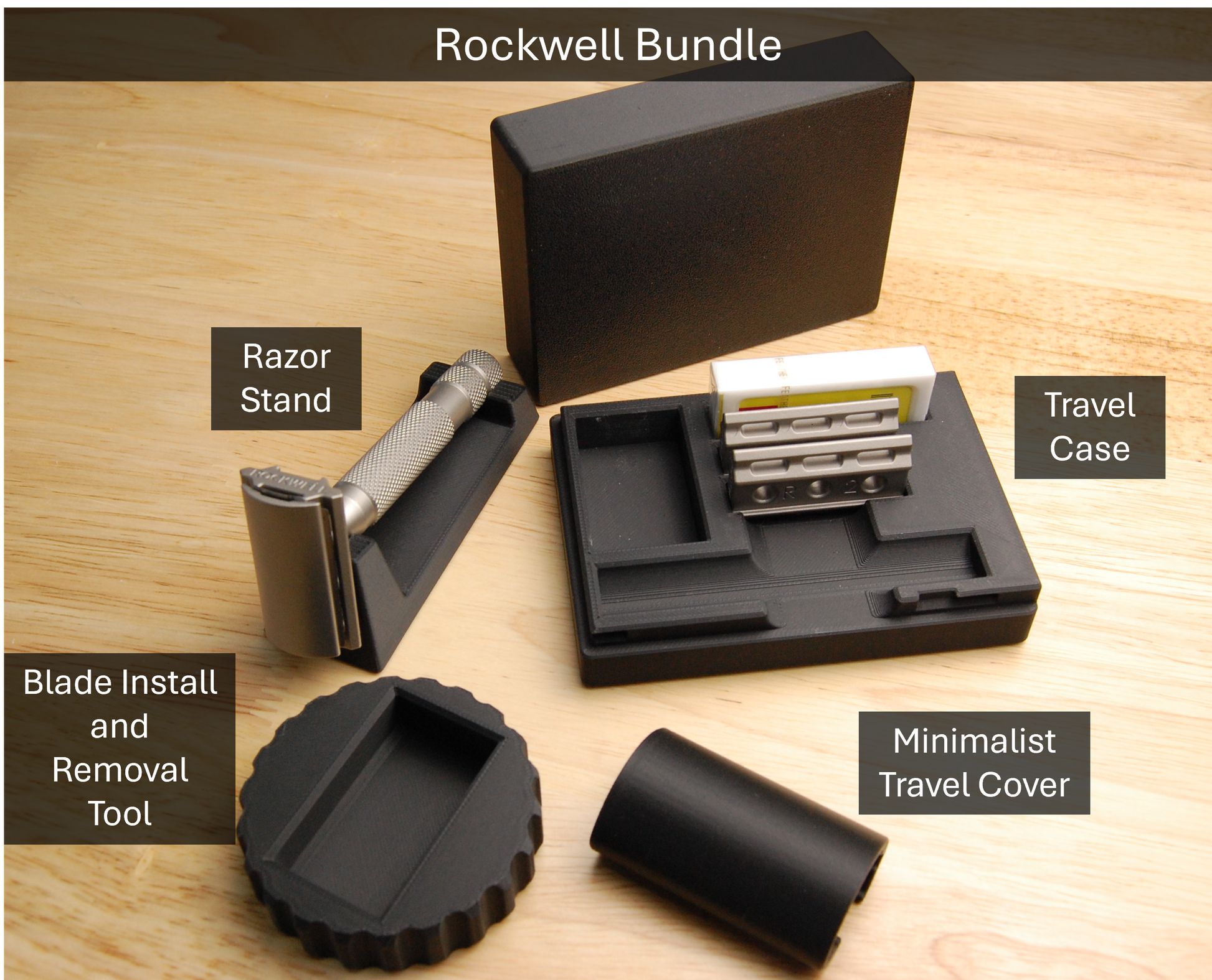 Rockwell Bundle with black razor stand, travel case, blade install and removal tool, and minimalist travel cover on wood