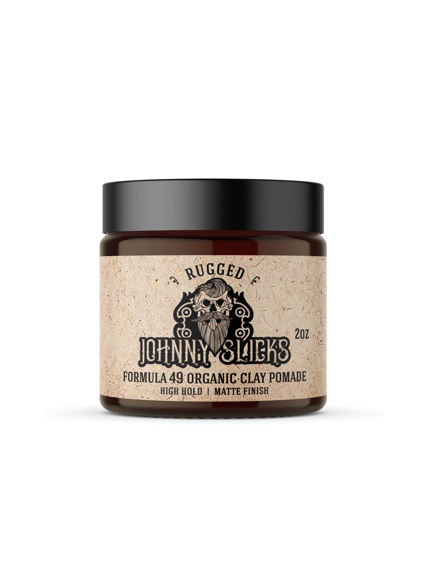 Johnny Slicks Rugged Formula 49 Organic Clay Pomade, high hold matte finish, 2oz amber jar with black lid