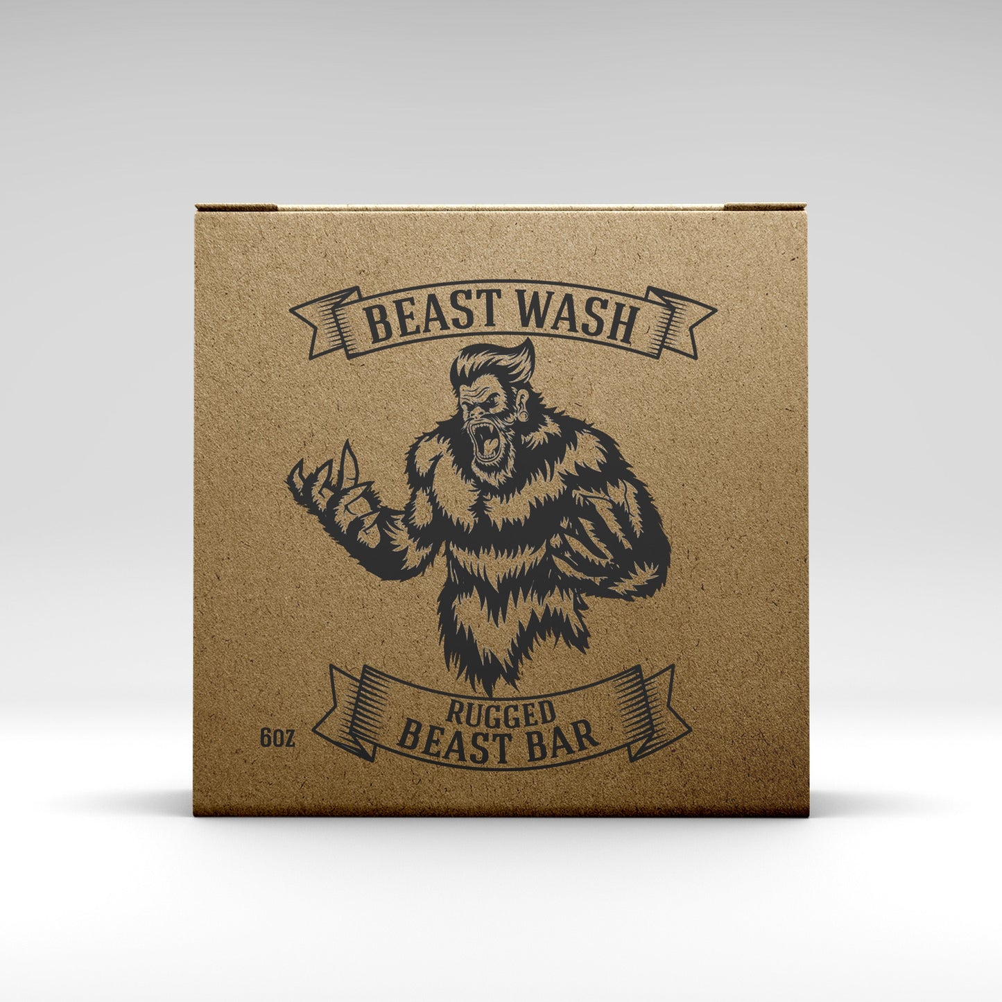 Kraft cardboard box with Bigfoot illustration labeled Beast Wash Rugged Beast Bar 6oz in dark ink