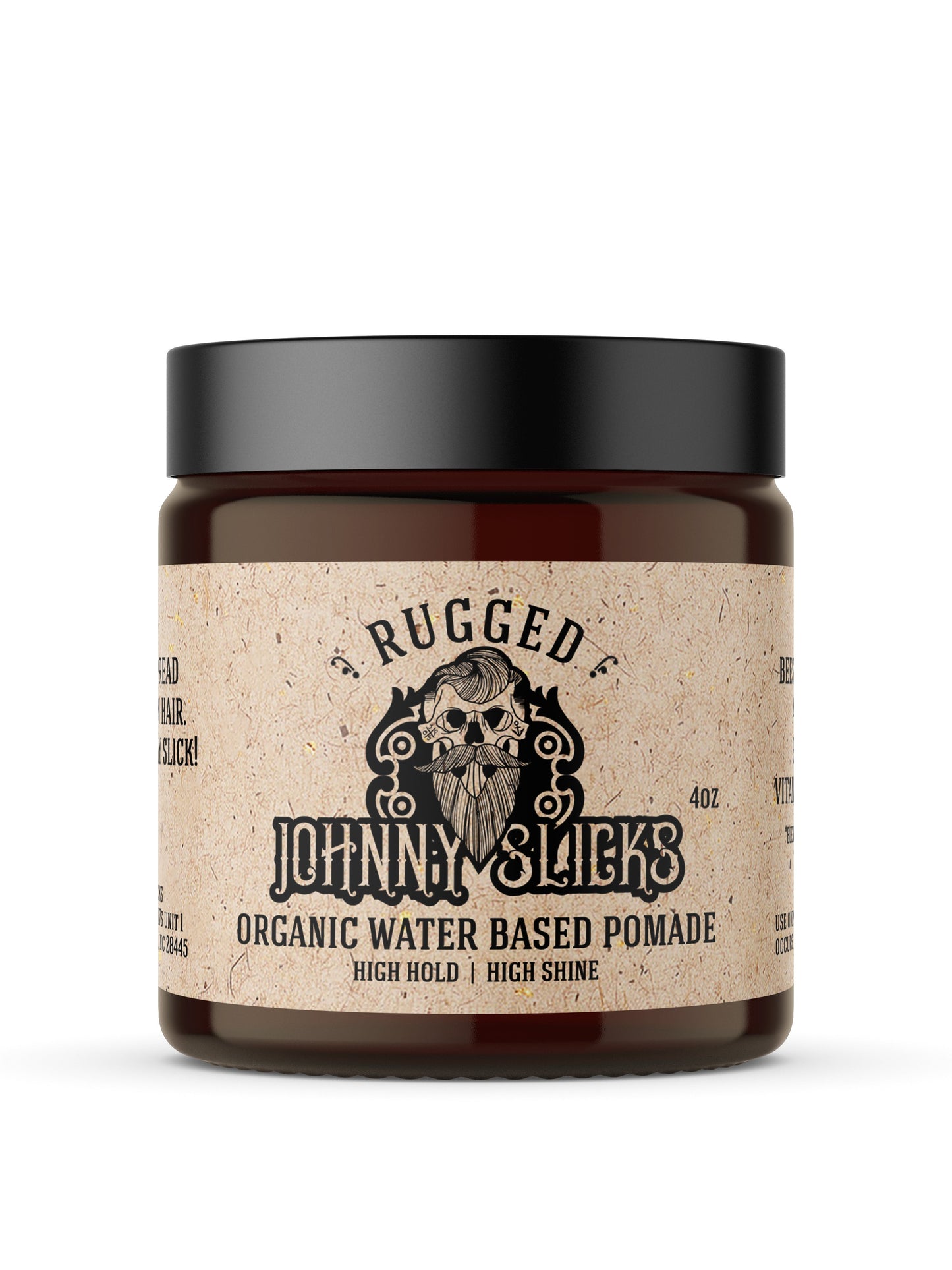 Johnny Slicks Rugged Organic Water Based Pomade, 4oz amber jar with black lid, high hold high shine