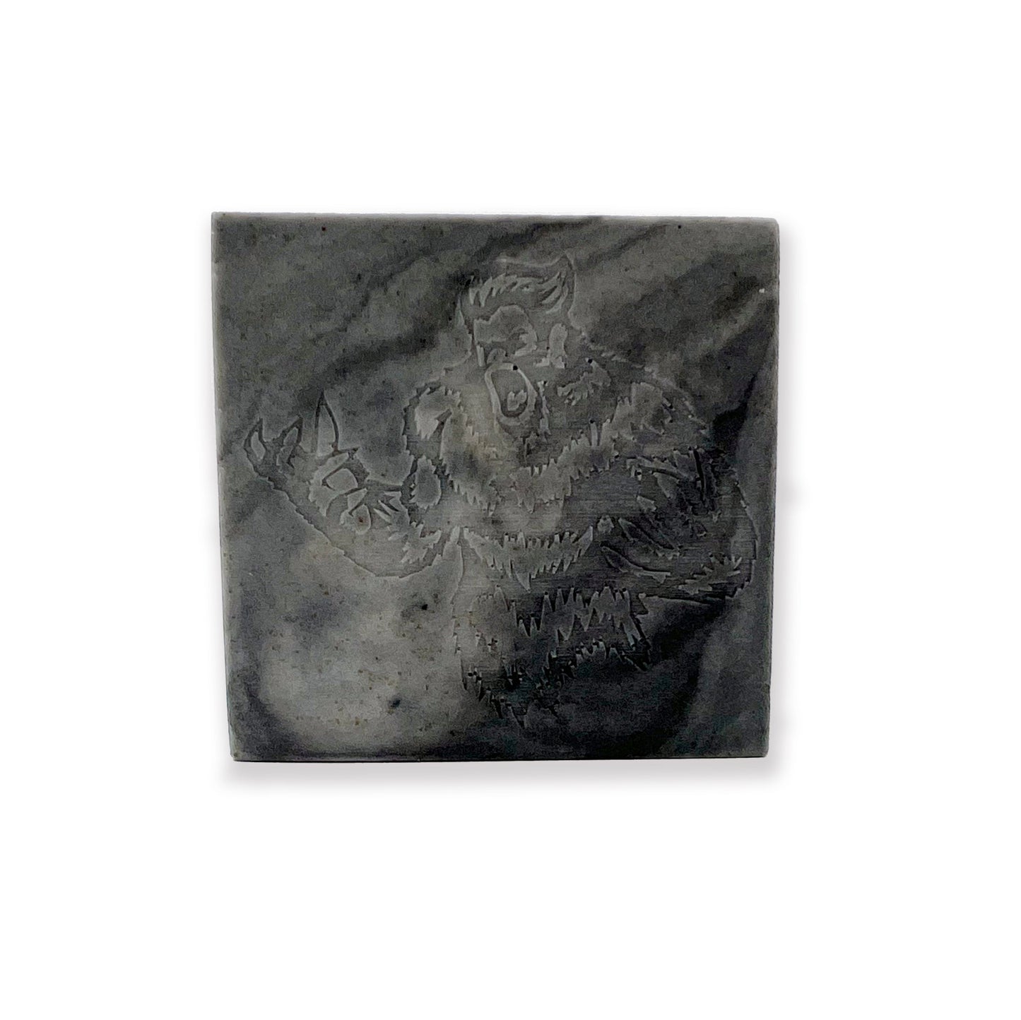 Gray marbled square shave soap bar with engraved beast creature design, Beast Bar by JRM Shaving Company