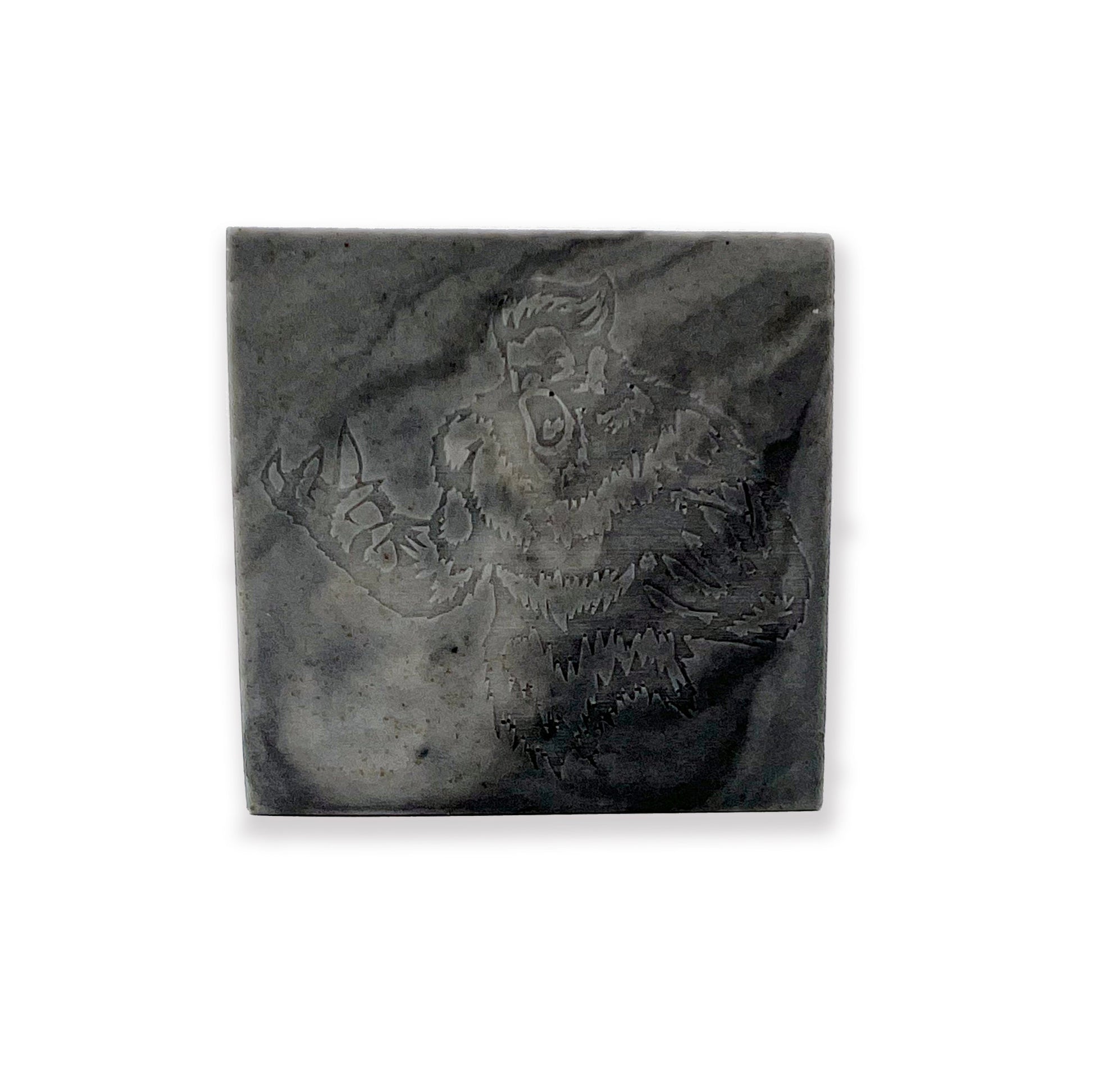 Gray marbled square shave soap bar with engraved beast creature design, Beast Bar by JRM Shaving Company