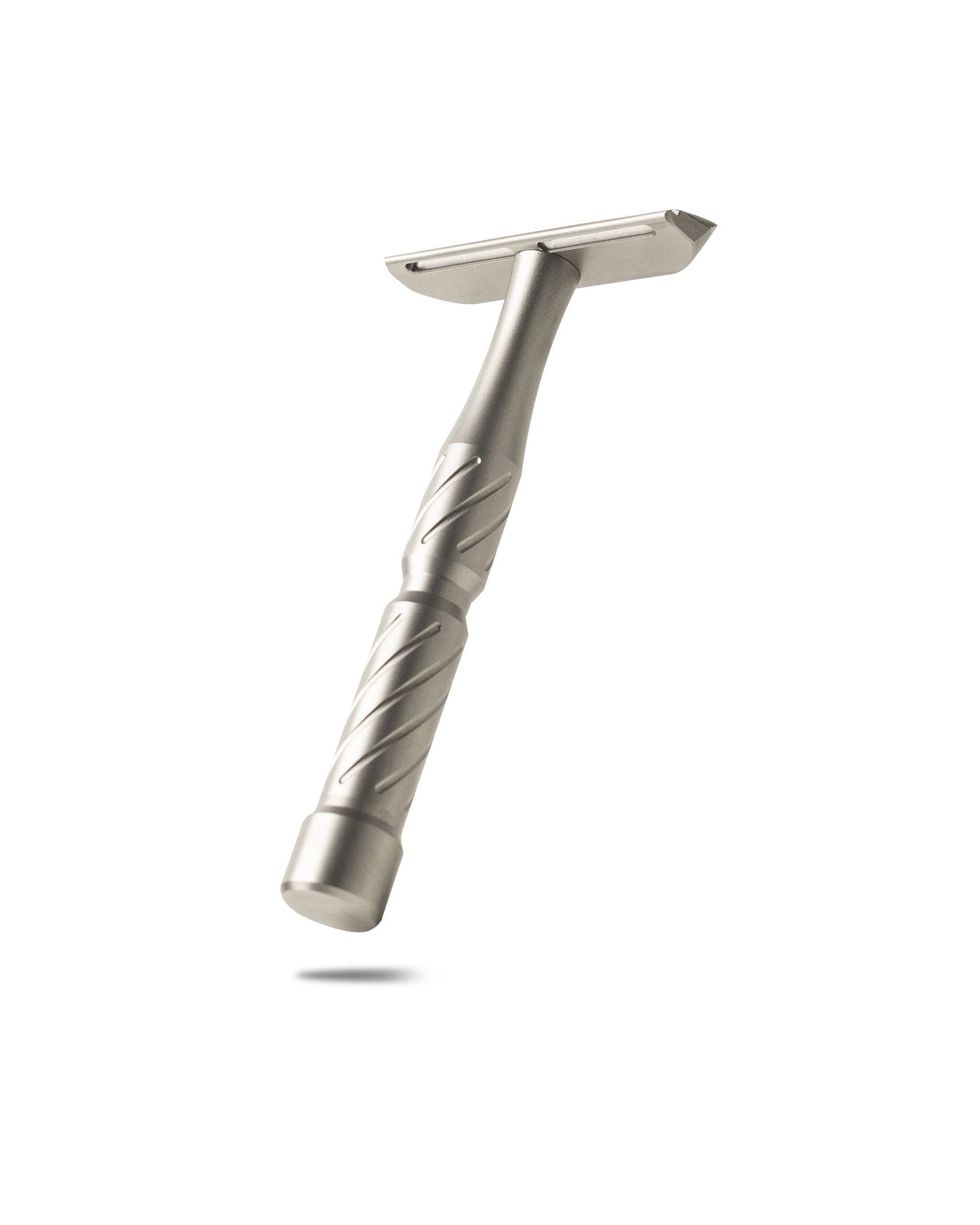 Silver metal double-edge safety razor with diagonal-grooved handle, matte brushed finish, angled product view