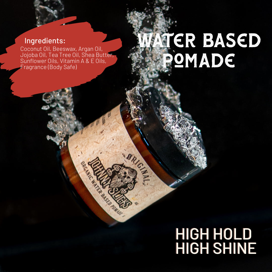 Johnny Slicks Original Organic Water Based Pomade in brown glass jar with tan label, submerged in water, high hold shine